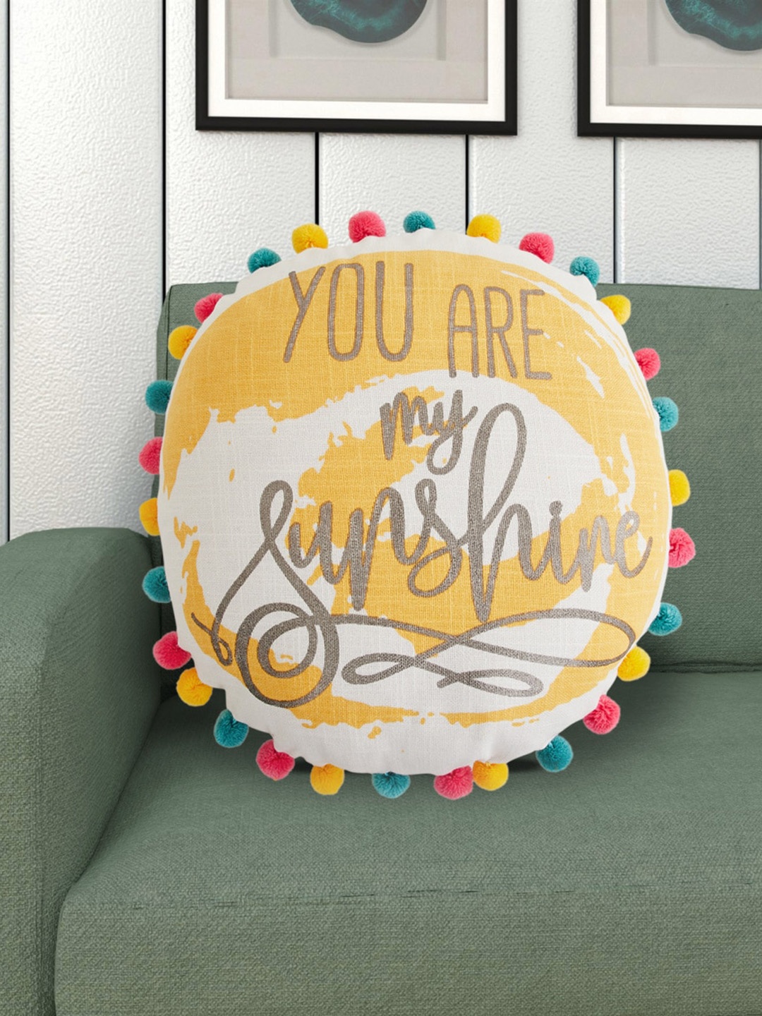 

Home Centre White & Yellow Printed Cotton Round Filled Round Cushion