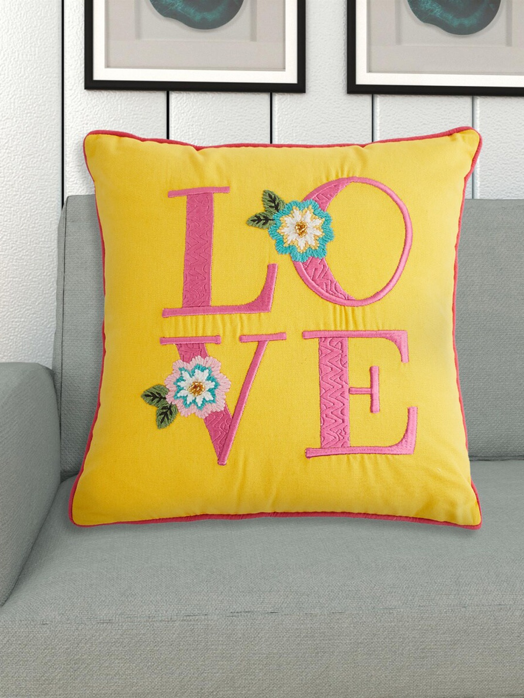 

Home Centre Yellow & Pink Embroidered Square Cotton Cushion