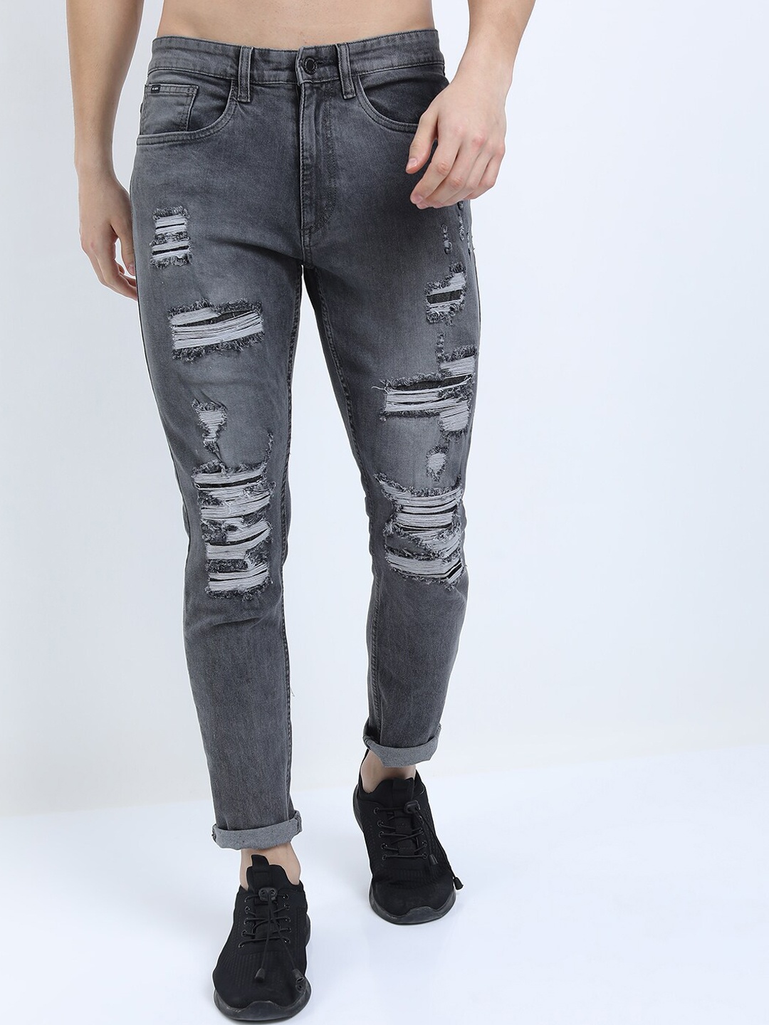 

HIGHLANDER Men Grey Tapered Fit Mildly Distressed Light Fade Stretchable Jeans