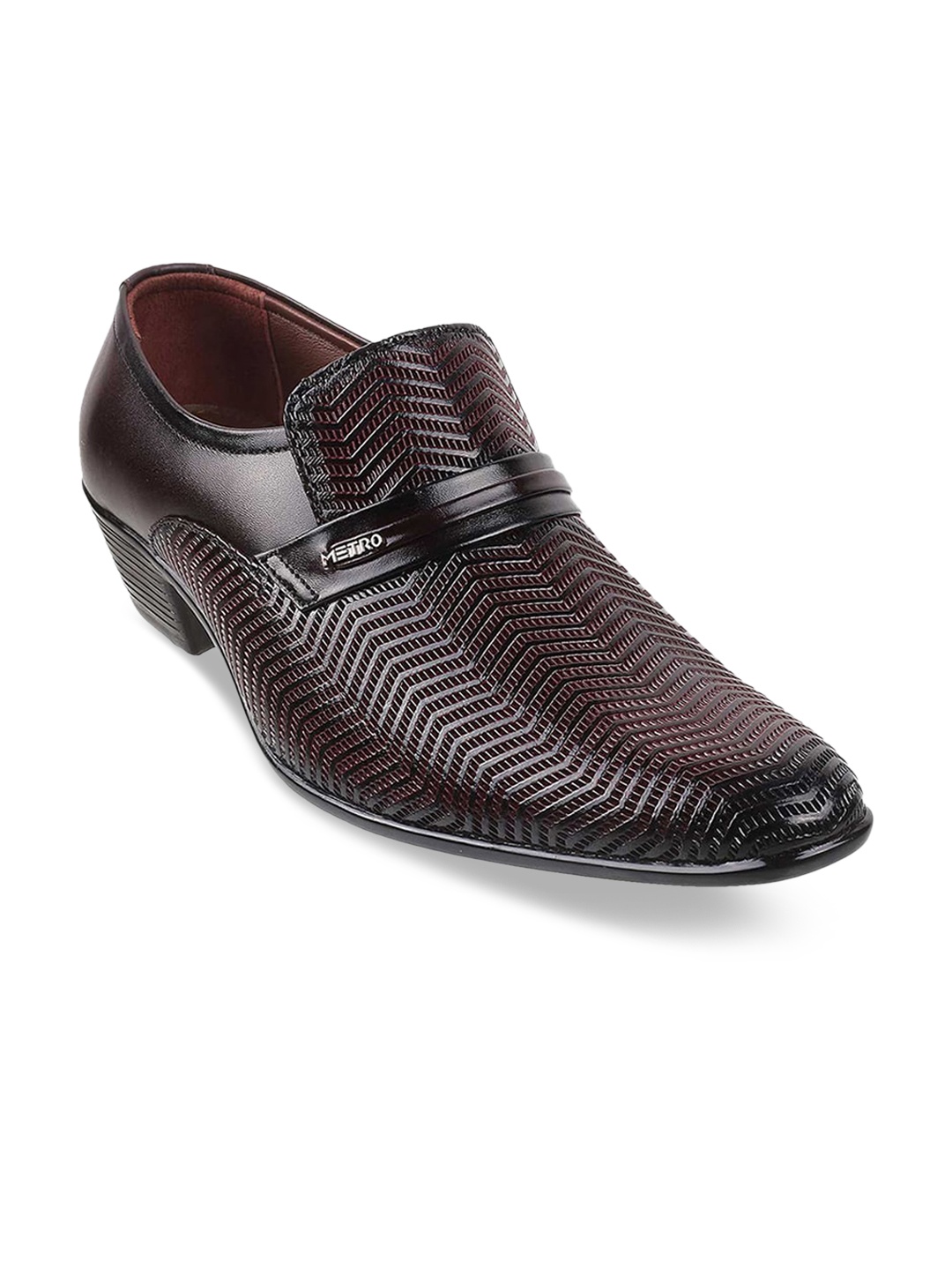 

Metro Men Maroon Textured Leather Formal Slip-Ons