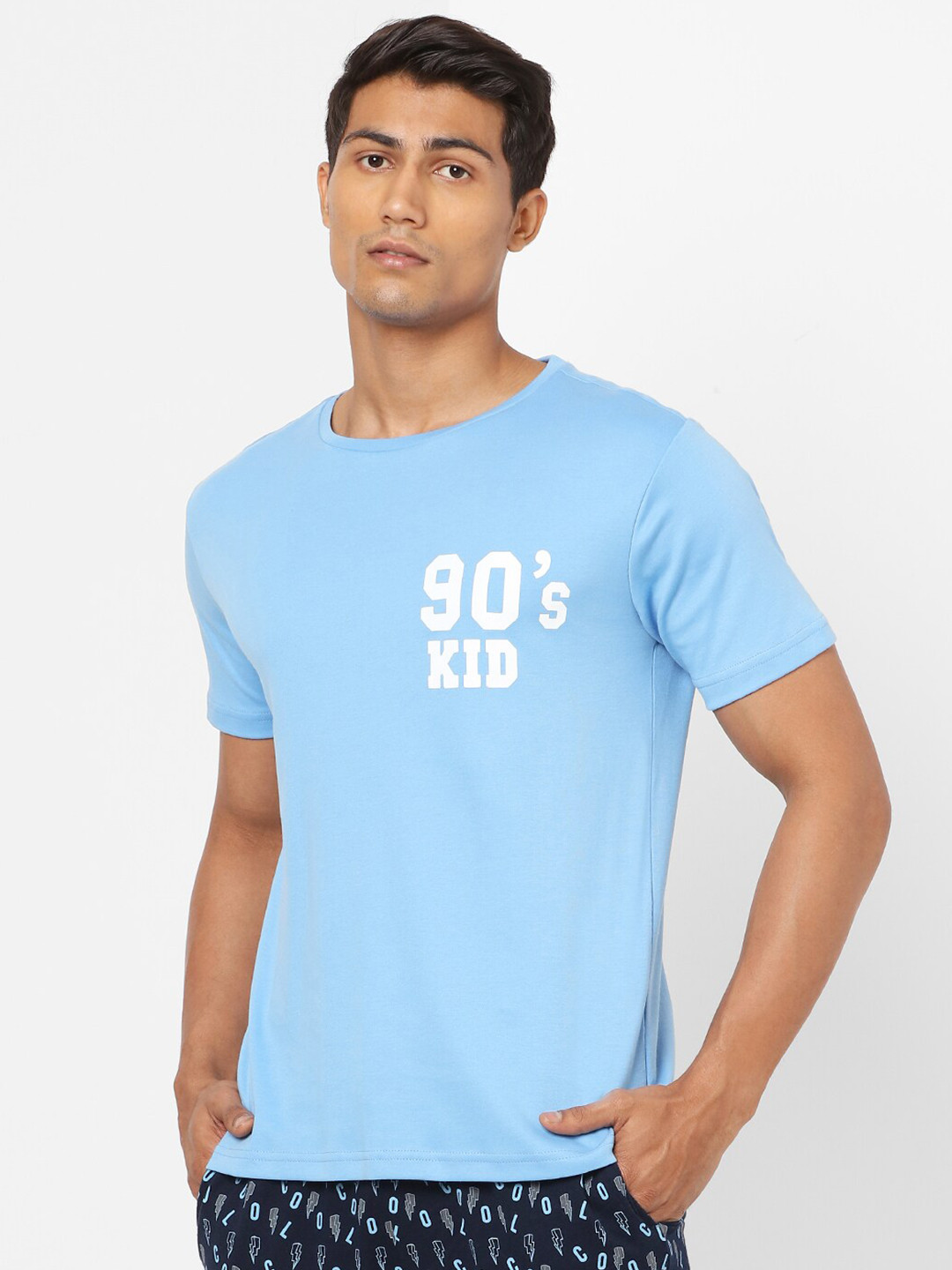 

Ajile by Pantaloons Men Blue & White Printed Slim Fit Pure Cotton Lounge T-shirt