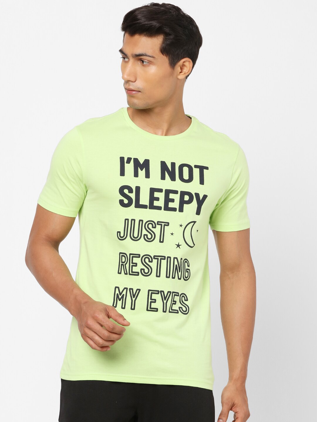 

Ajile by Pantaloons Men Fluorescent Green & Black Slim Fit Pure Cotton Lounge T-shirt