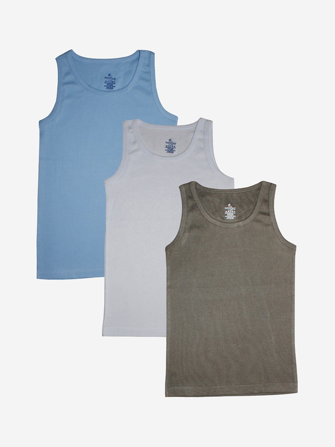 

Kiddopanti Boys Pack Of 3 Multicoloured Pure Cotton Ribbed Vests, Blue