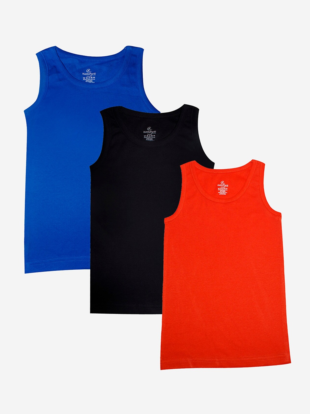 

KiddoPanti Boys Blue & Orange Pack of 3 Solid Rib Cotton Vest