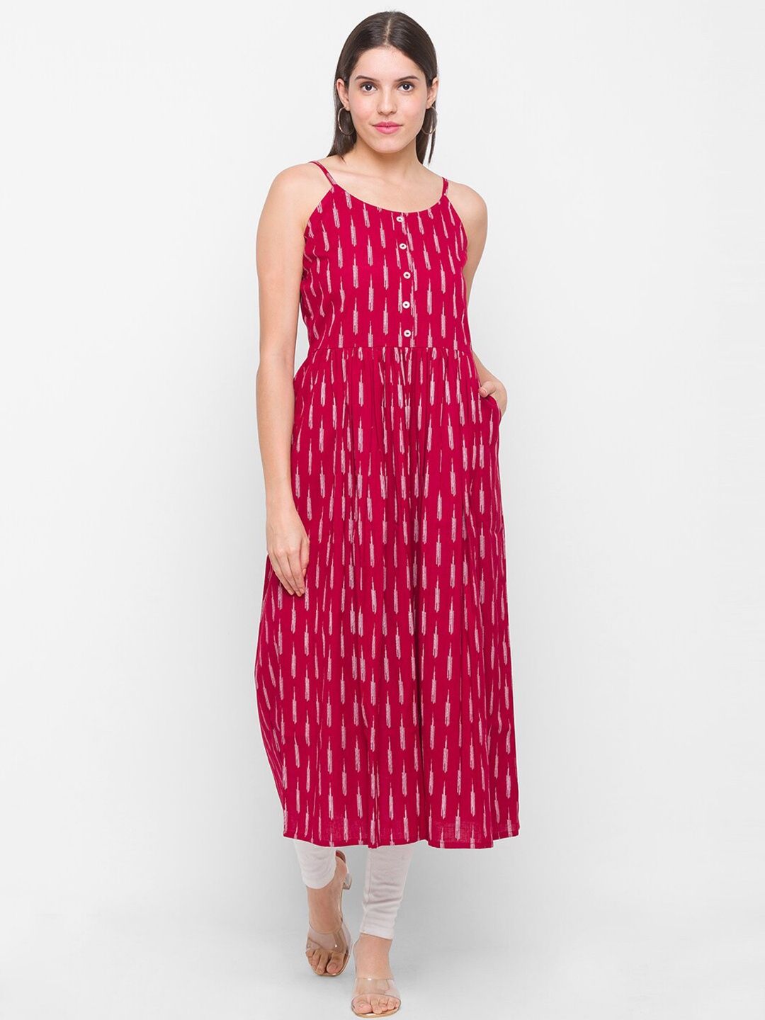 

Globus Pink & White Self Design Midi Fit & Flared Dress