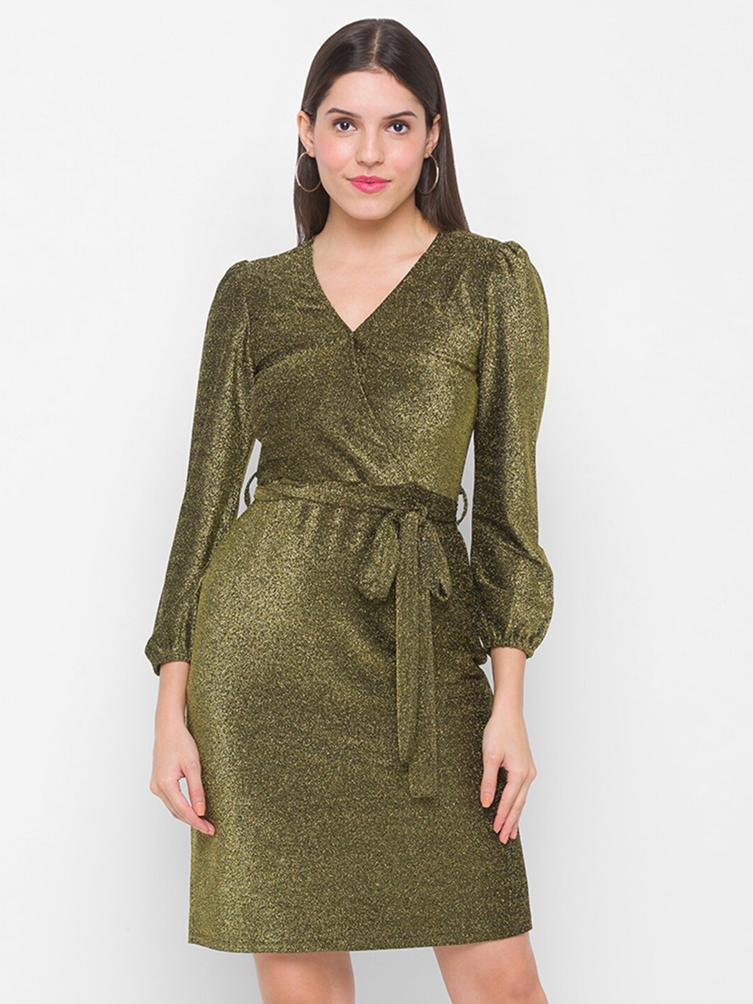 

Globus Olive Green & Gold-Toned Self Design Wrap Dress