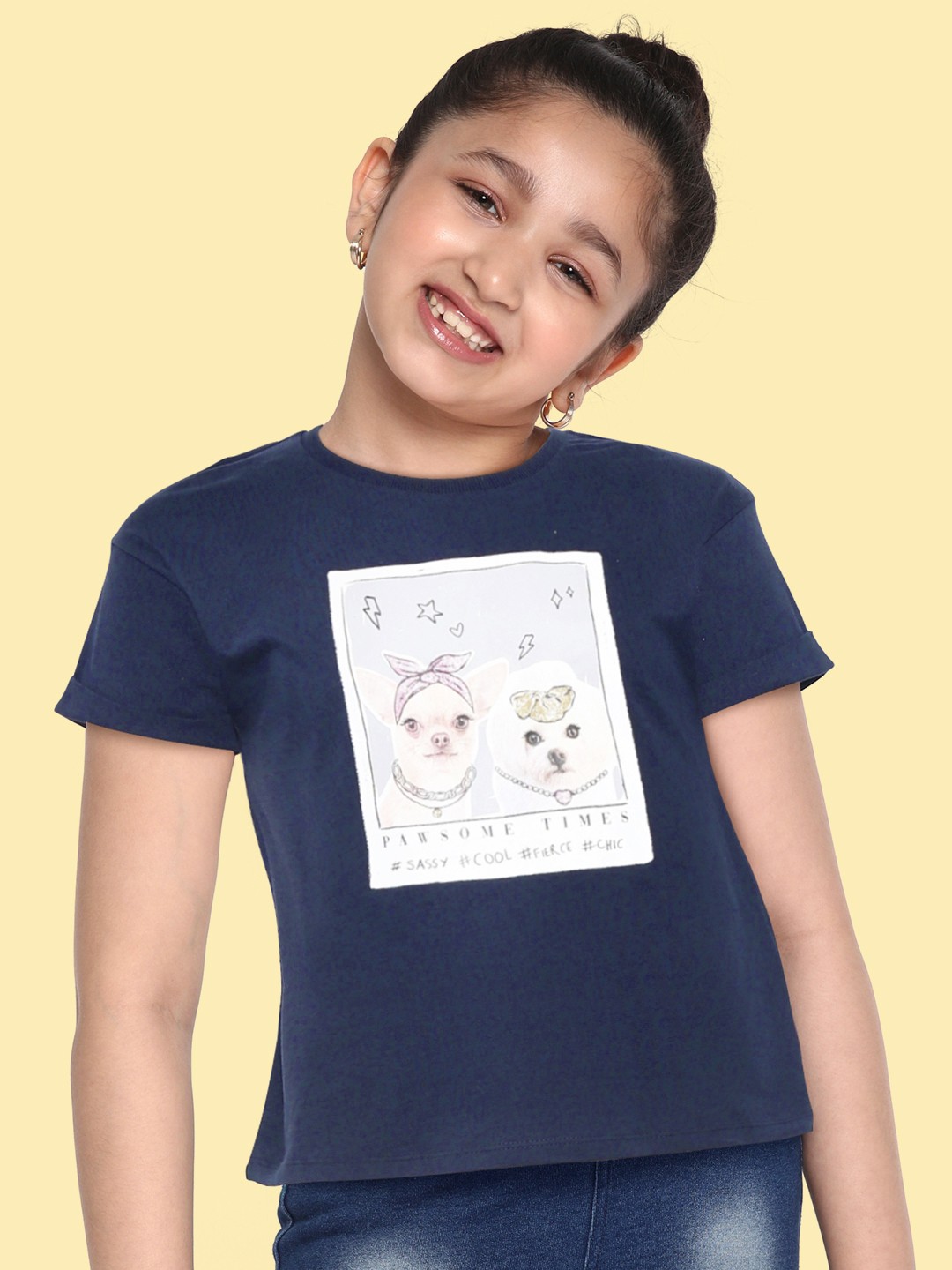 

Marks & Spencer Girls Navy Blue & White Printed Pure Cotton T-shirt