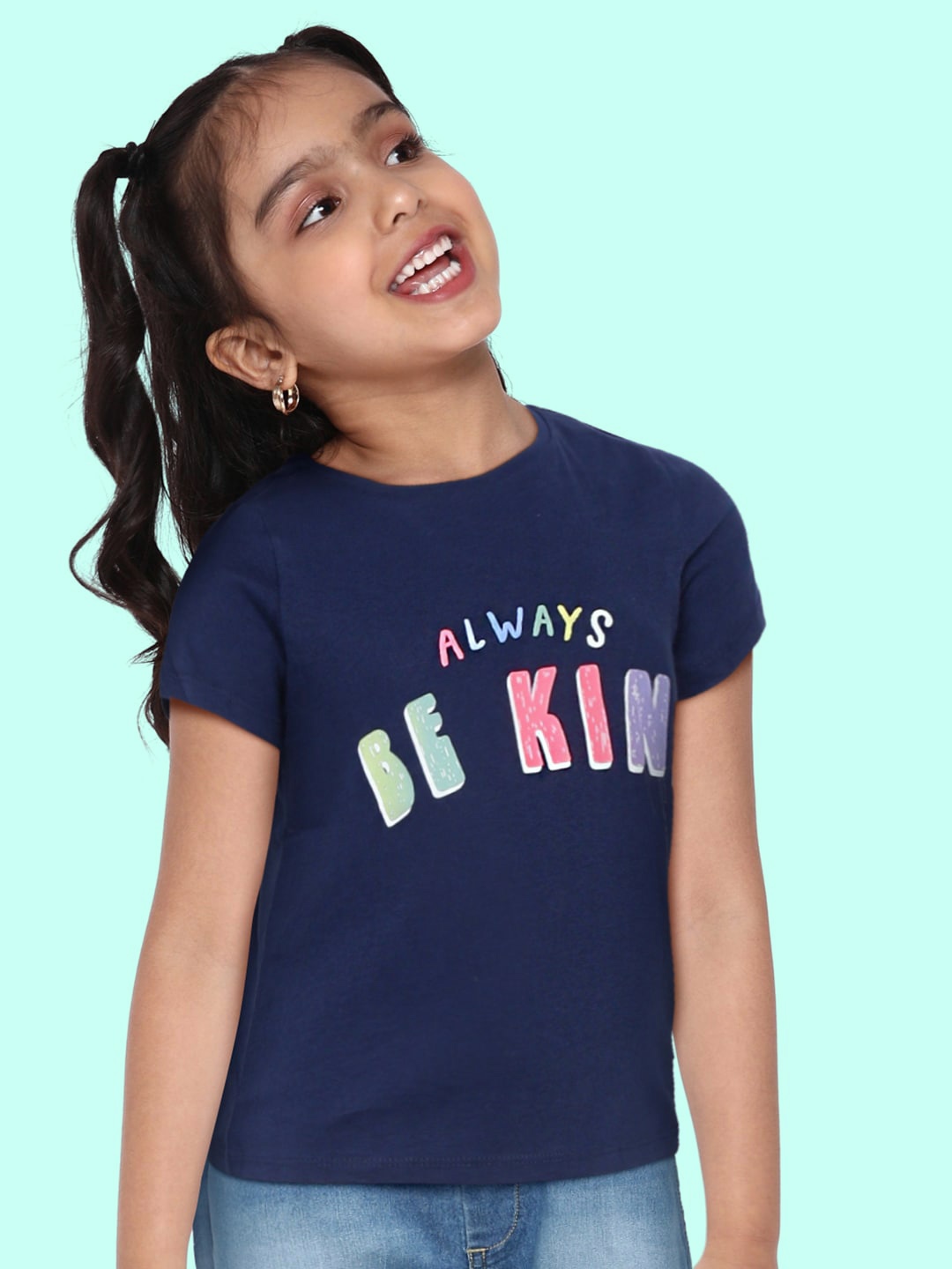 

Marks & Spencer Girls Navy Blue & Green Typography Printed Cotton T-shirt