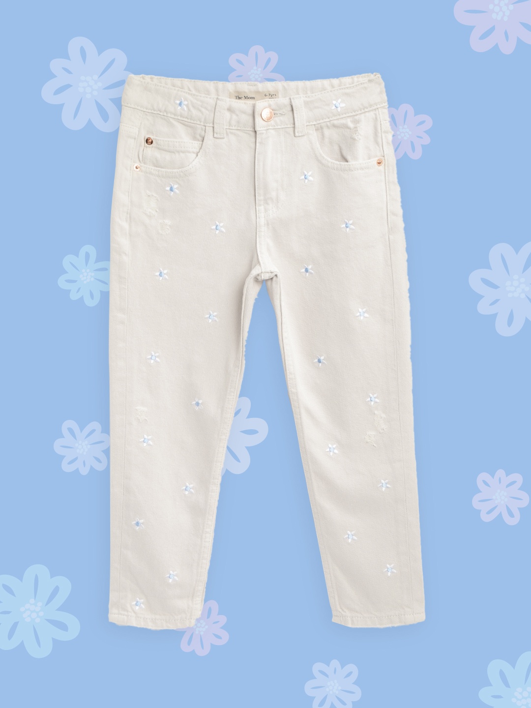 

Marks & Spencer Girls Cream & Blue Pure Cotton Mom Fit Thread Embroidered Jeans