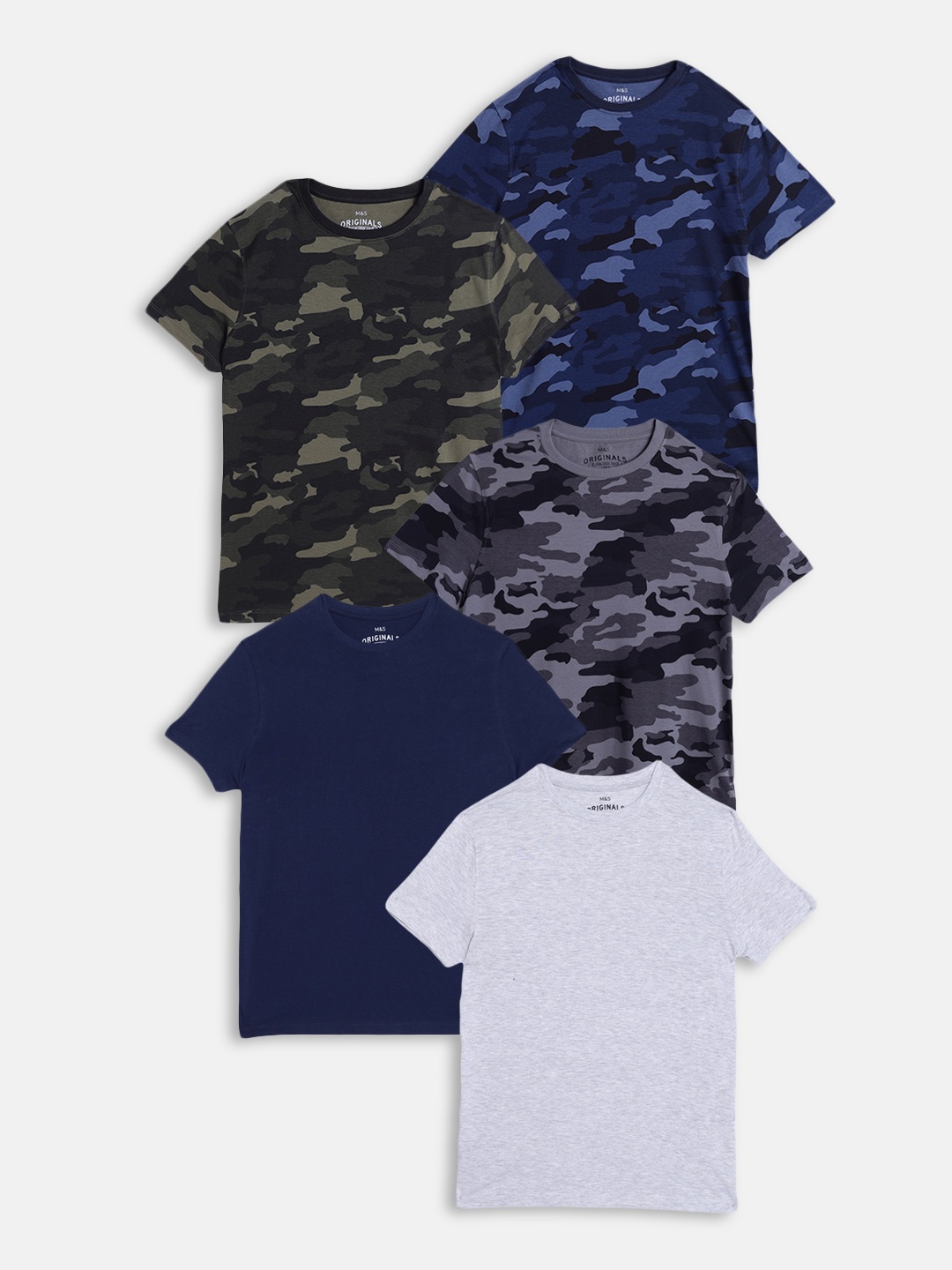 

Marks & Spencer Boys Pack of 5 Pure Cotton T-shirts in Grey, Blue & Olive Green