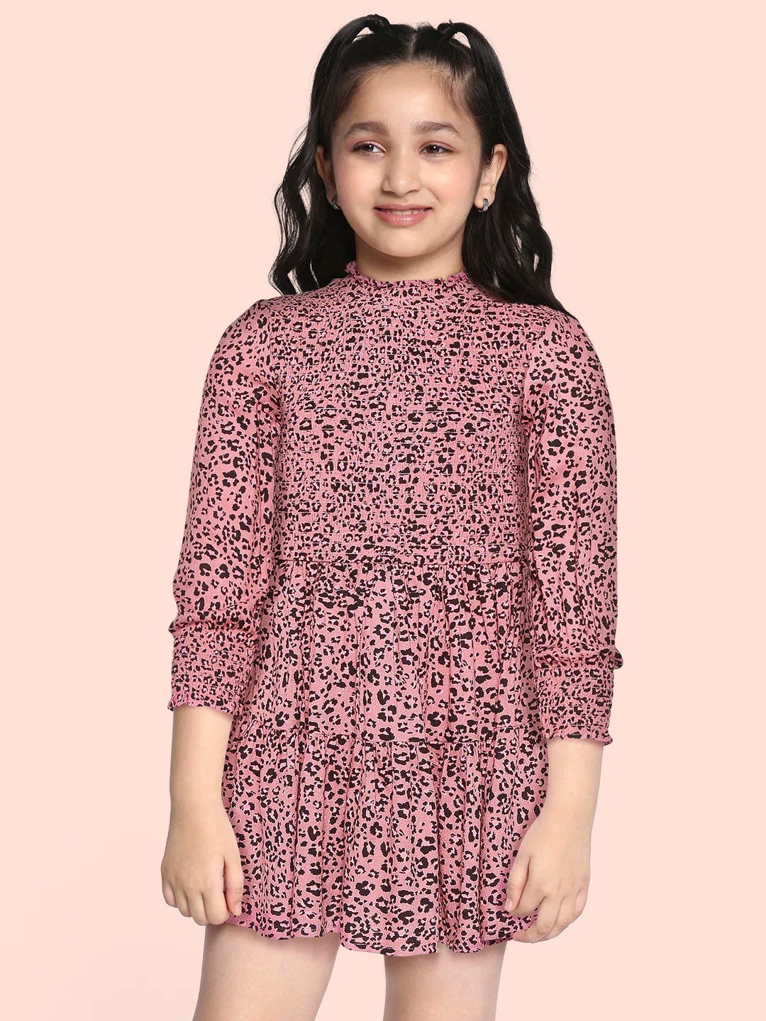 

Marks & Spencer Pink & Black Animal Print Smocked Flared Dress
