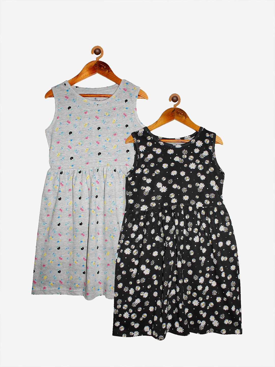 

KiddoPanti Grey Melange & Black Pack Of 2 Printed Fit & Flared Dress