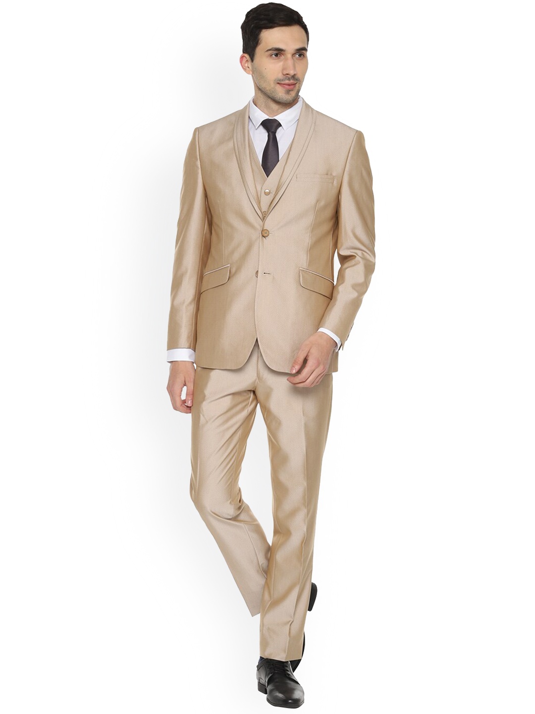

Van Heusen Men Cream-Coloured Self Design Single-Breasted Slim-Fit Three-Piece Suit