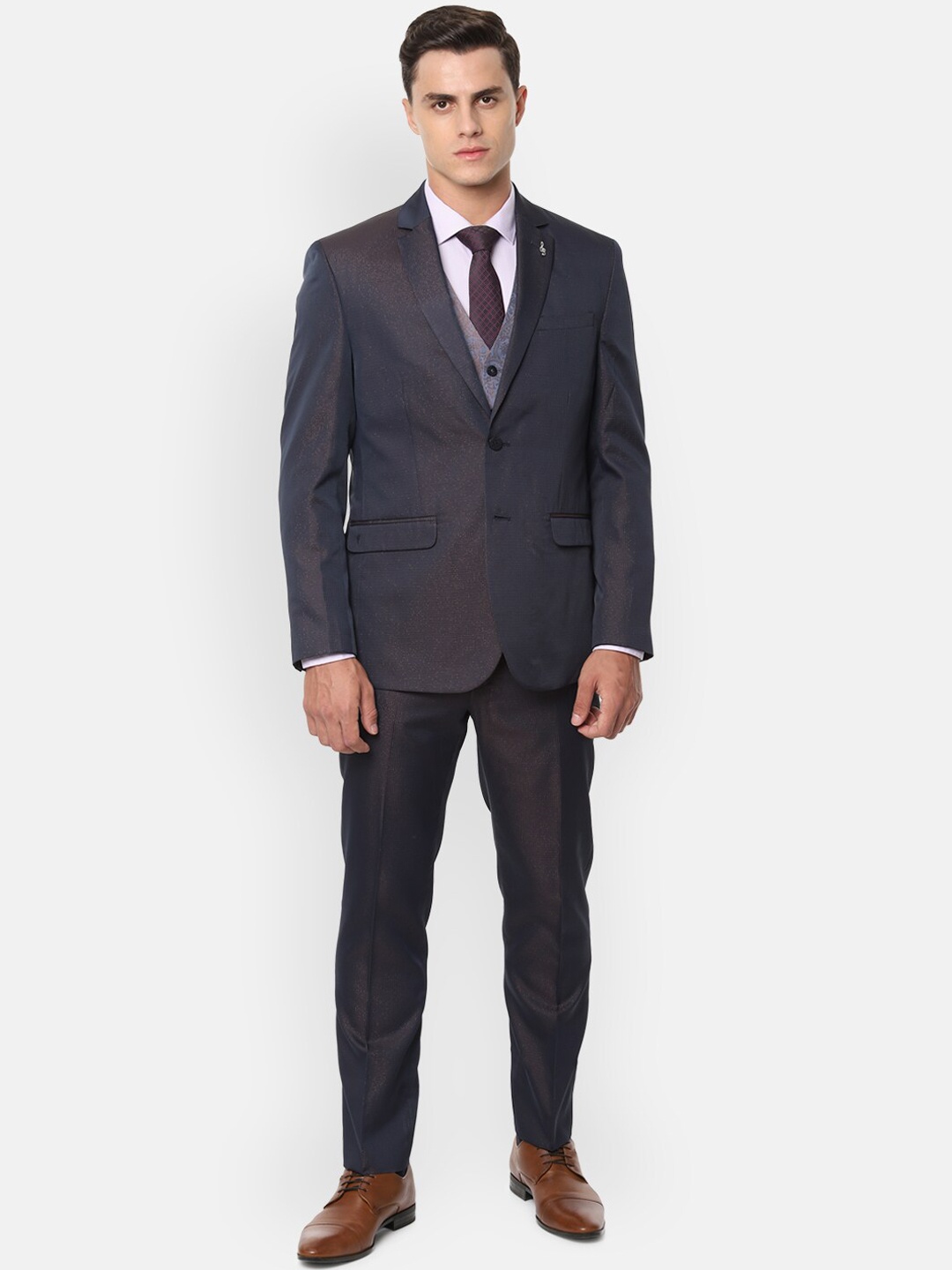 

Van Heusen Men Navy Blue Self Design Single-Breasted Slim-Fit Three-Piece Suit