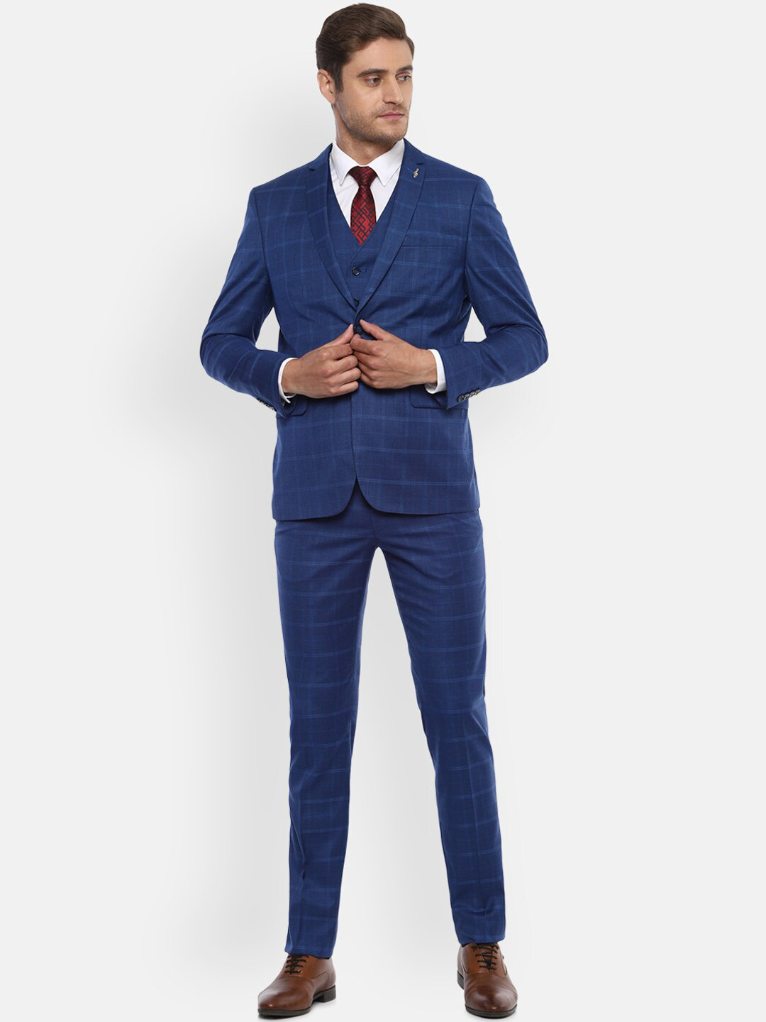 

Van Heusen Men Blue Checked Single-Breasted Slim-Fit Three-Piece Suit