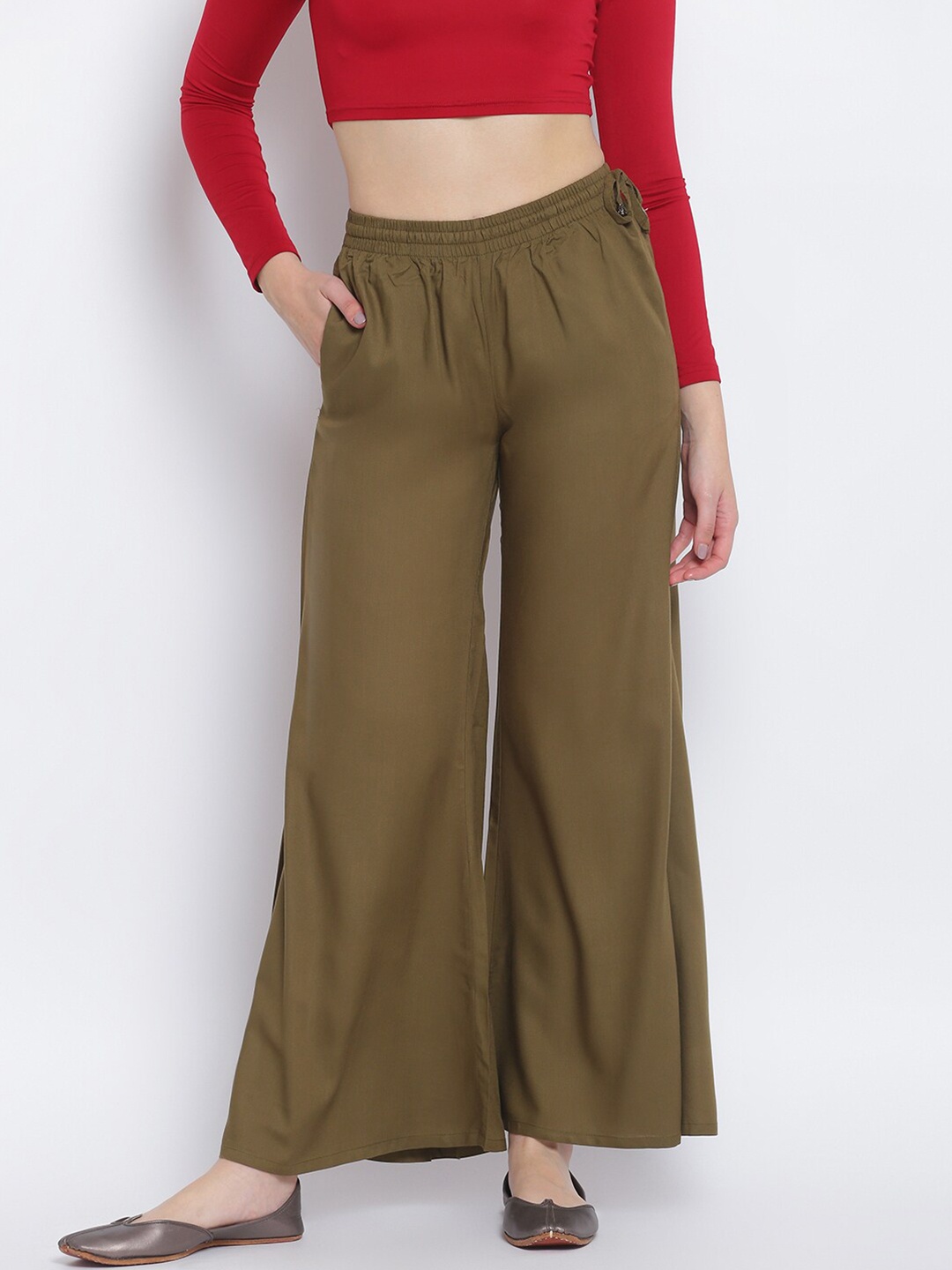 

Lakshita Women Olive Green Solid Wide Leg Ethnic Palazzos