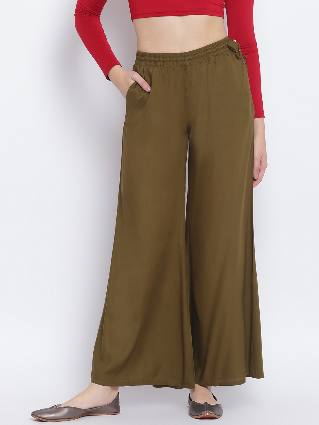 

Lakshita Women Olive Green Flared Chambray Palazzos