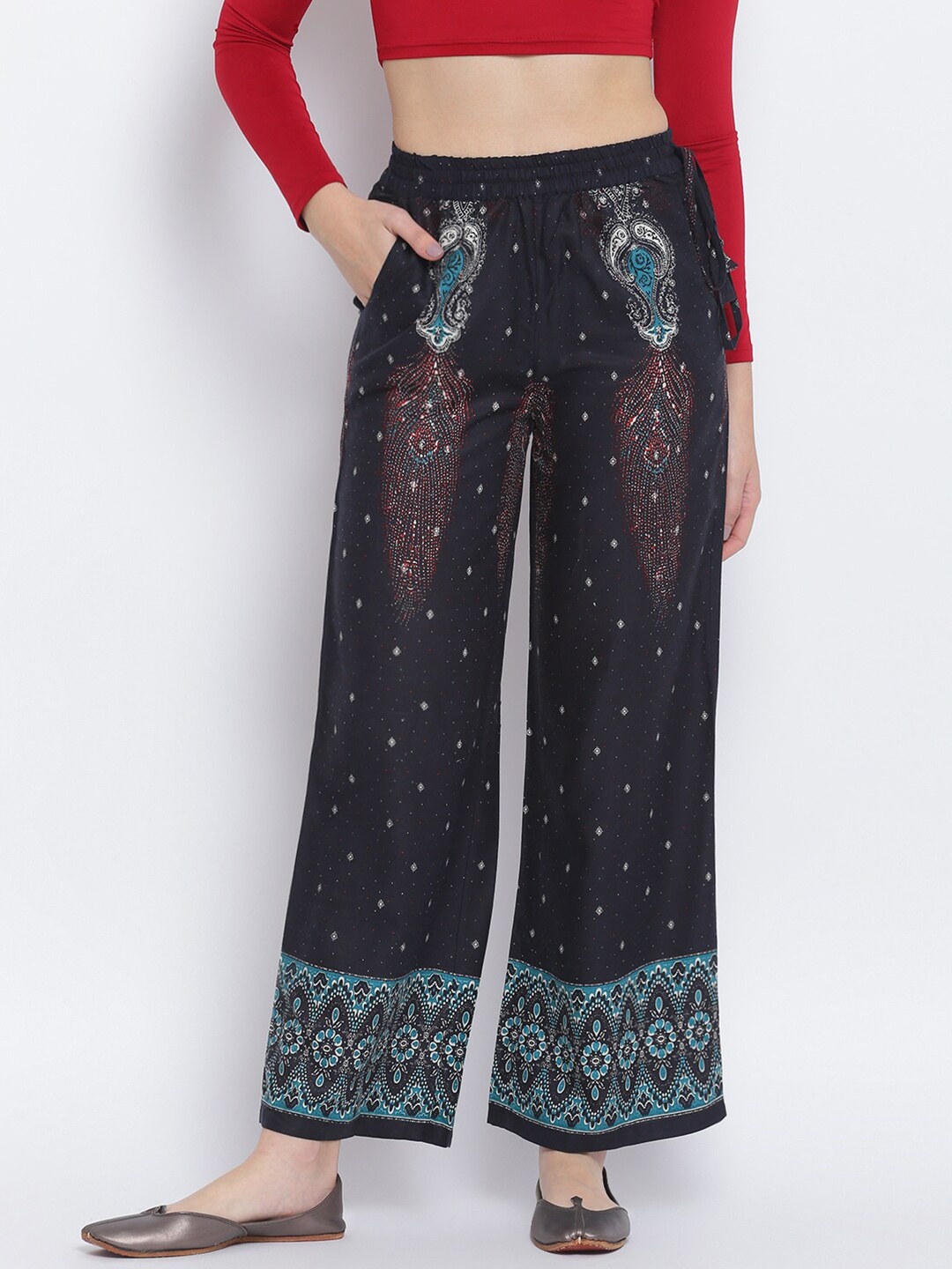 

Lakshita Women Navy Blue Ethnic Motifs Printed Chambray Palazzos