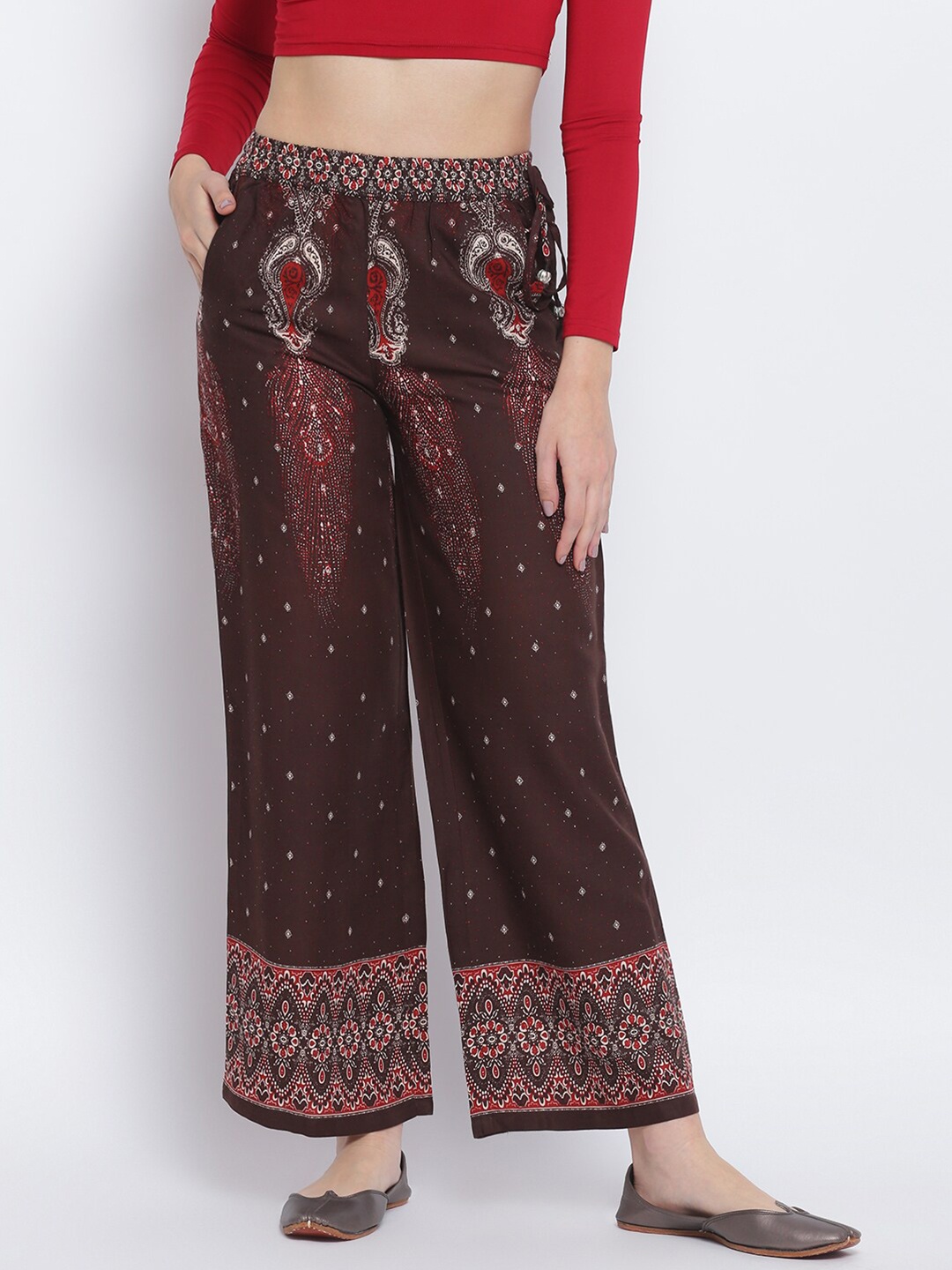 

Lakshita Women Maroon & Beige Ethnic Motifs Printed Chambray Palazzos
