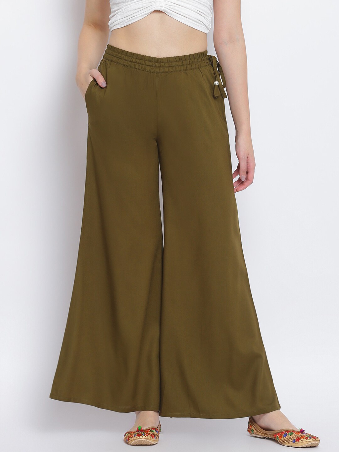 

Lakshita Women Olive Green Flared Chambray Palazzos