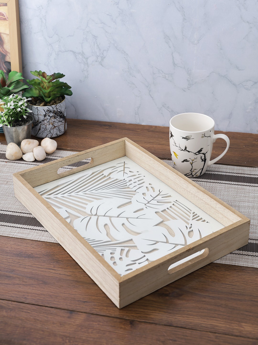 

Aapno Rajasthan Beige & White Printed Wooden Tray