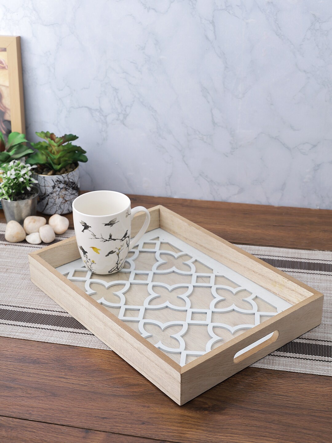 

Aapno Rajasthan Beige & White Printed Handcrafted Wooden Tray