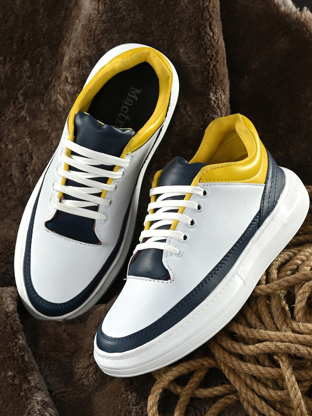 

Mactree Men White & Yellow Colourblocked Sneakers