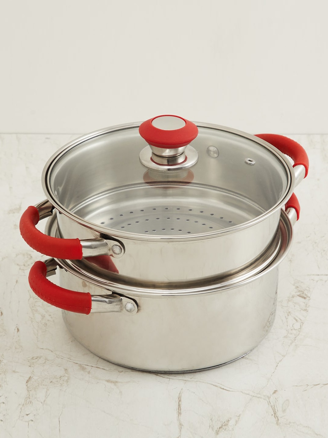 

Home Centre Set Of 3 Bentle Silver Stainless Steel Solid Multi-Cooker With Lid
