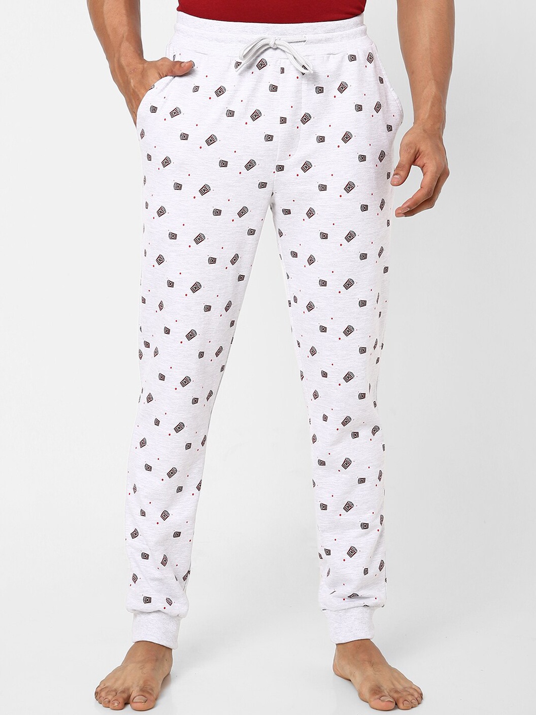 

Ajile by Pantaloons Men Grey Melange & Red Printed Pure Cotton Joggers