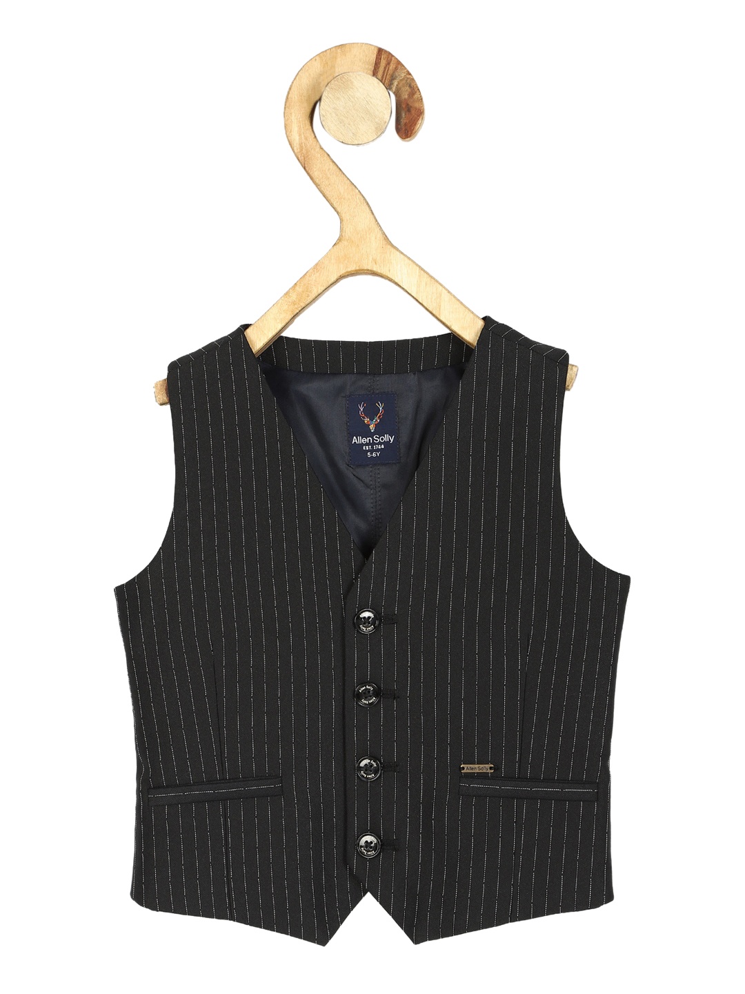 

Allen Solly Junior Boys Black Striped Pure Cotton Waistcoat