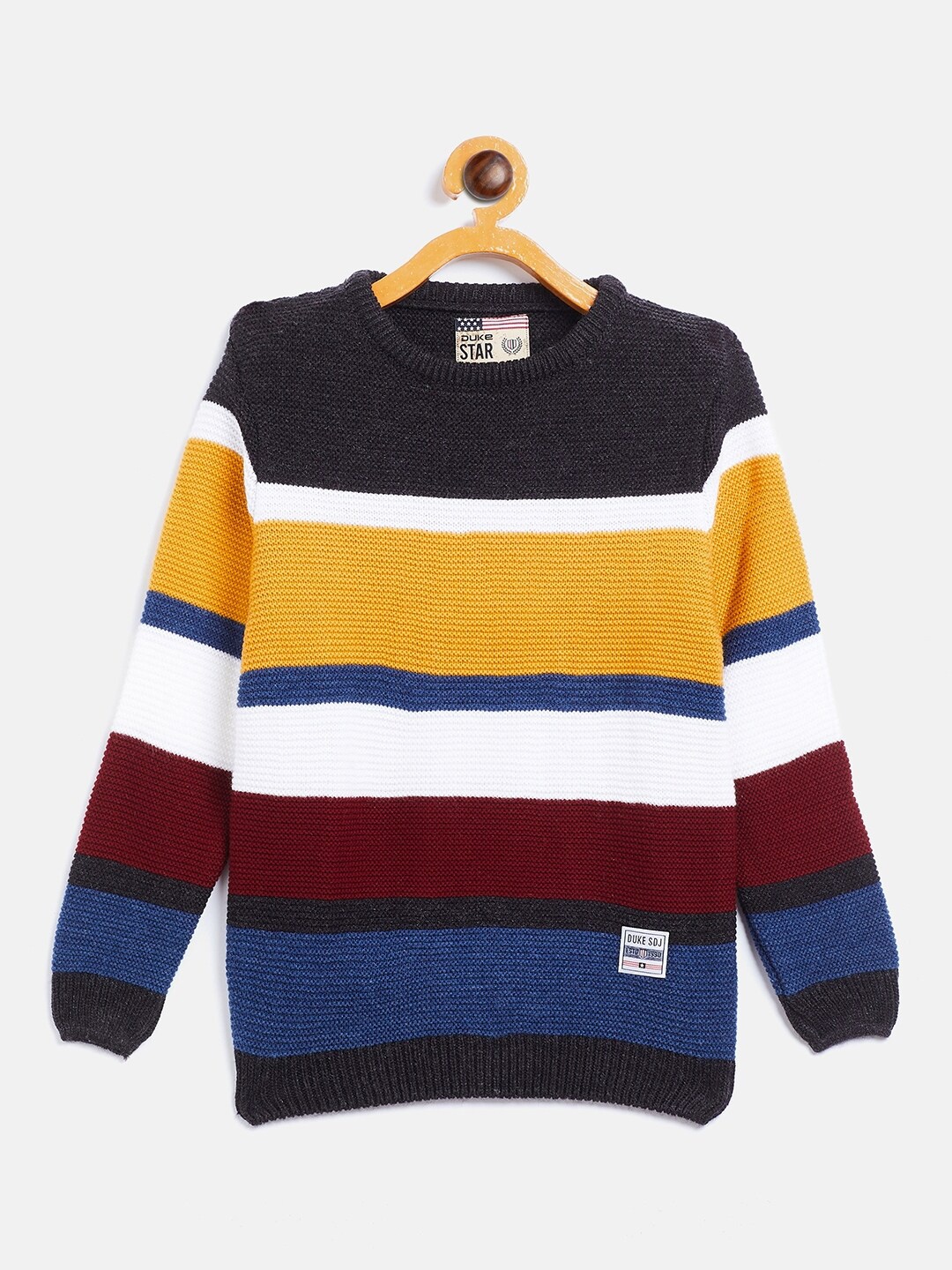 

Duke Boys Grey White & Yellow Colourblocked Striped Pullover