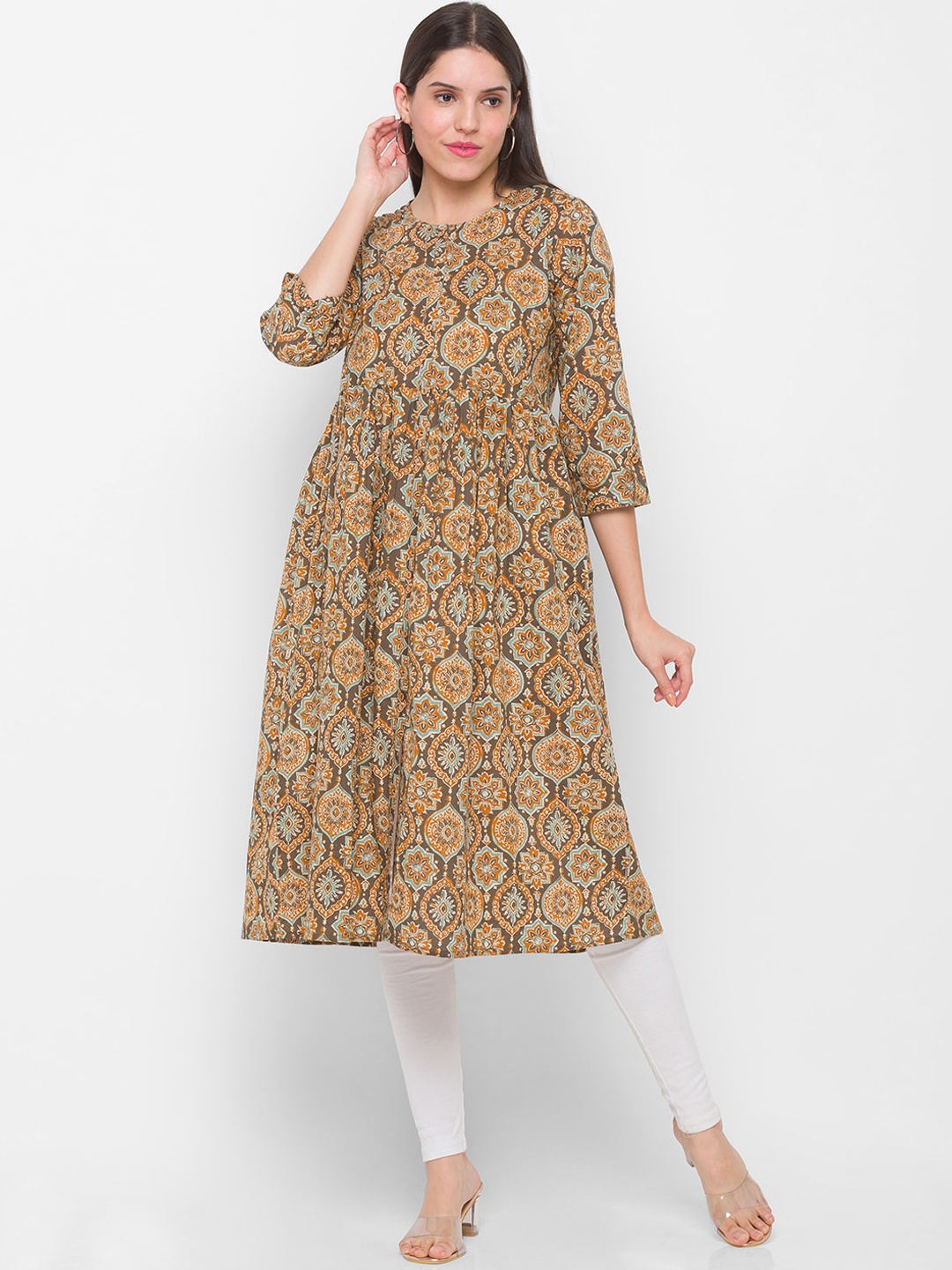 

Globus Women Brown & Turquoise Blue Floral Printed Kurta
