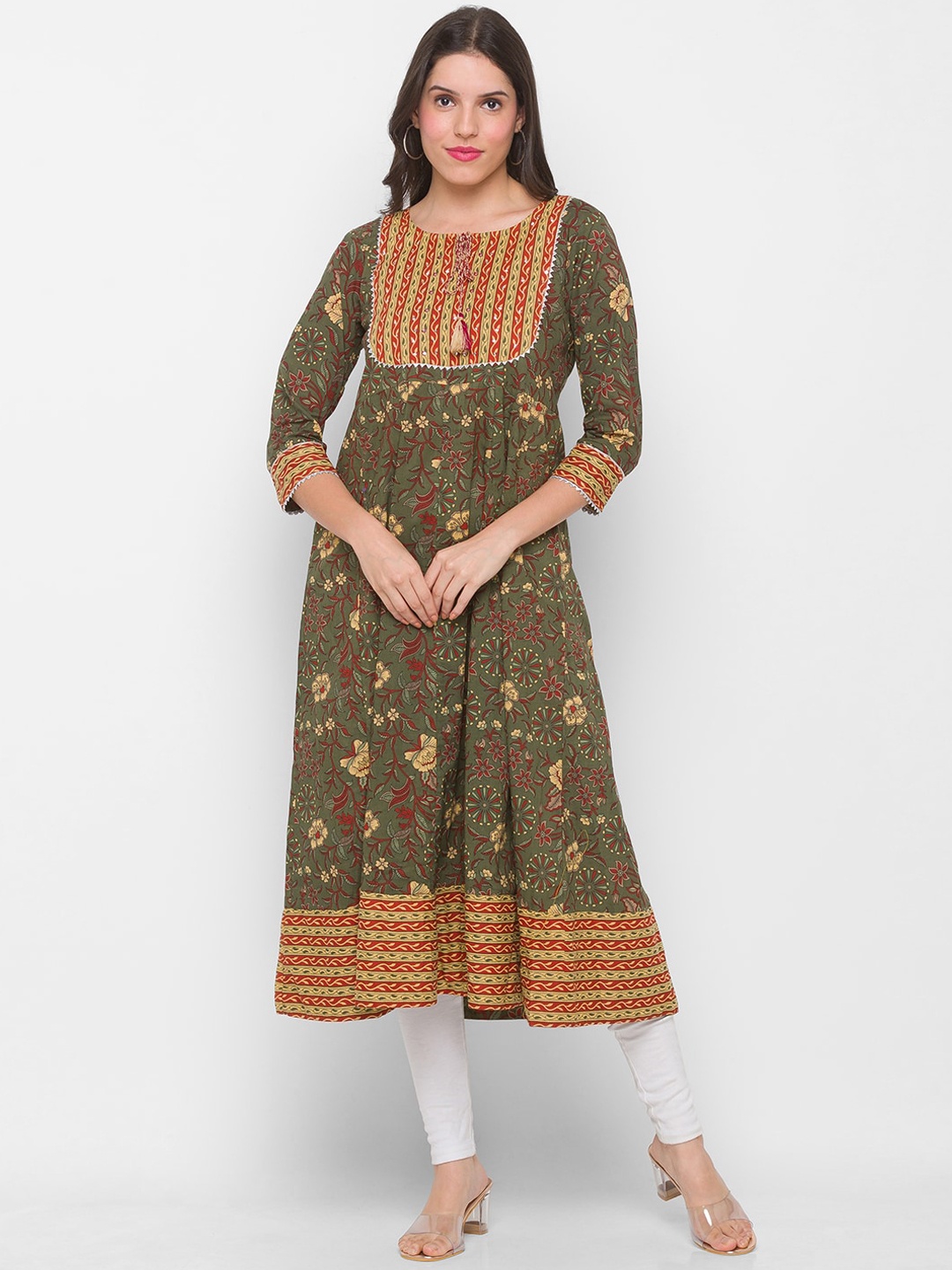 

Globus Women Grey & Red Floral Printed Gotta Patti Anarkali Kurta