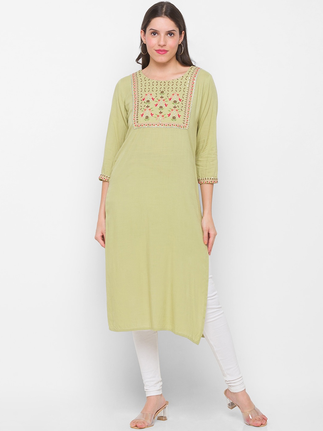 

Globus Women Green Floral Yoke Design Thread Work Kurta