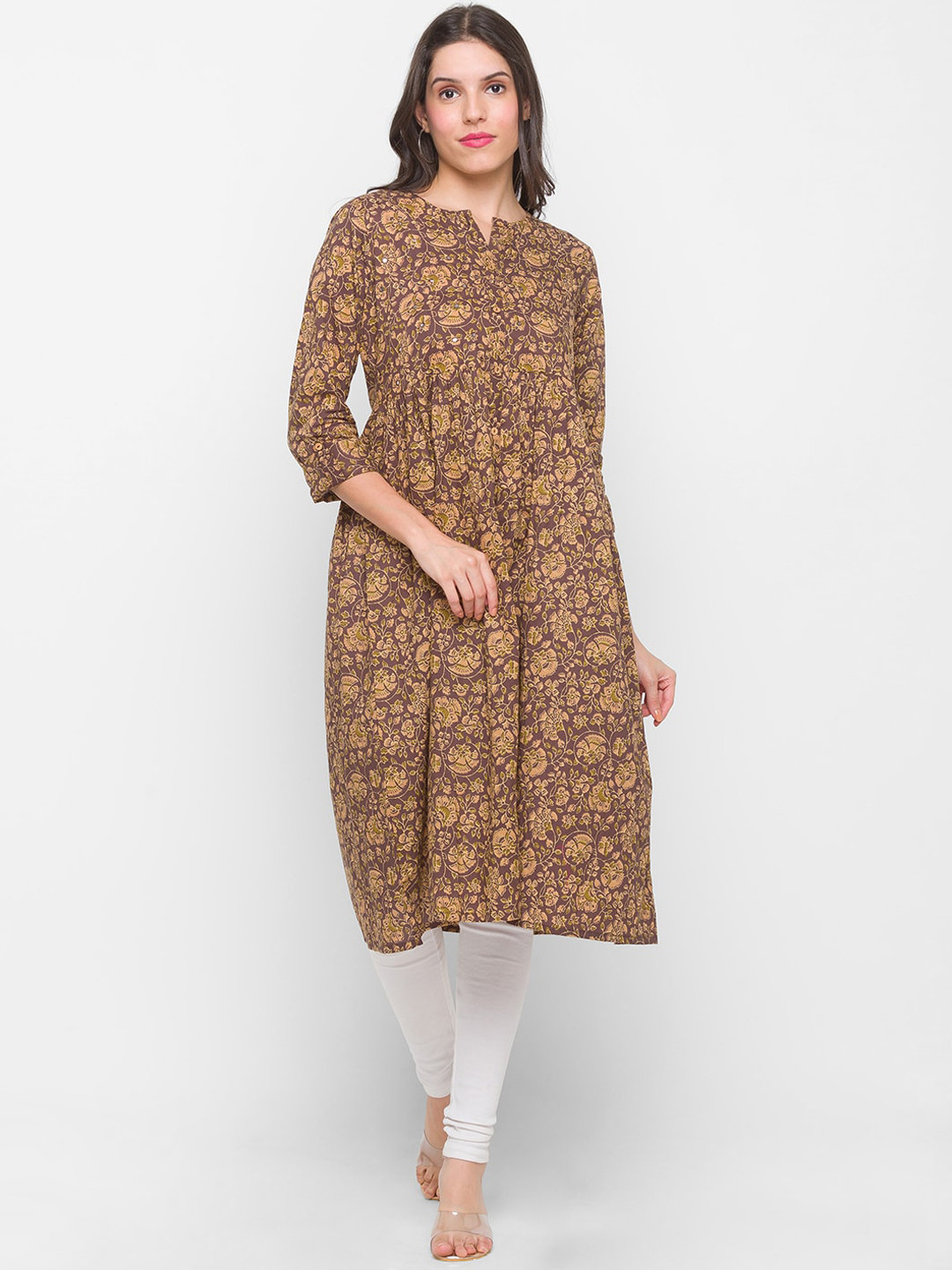 

Globus Women Brown Floral Printed Mirror Work Kurta