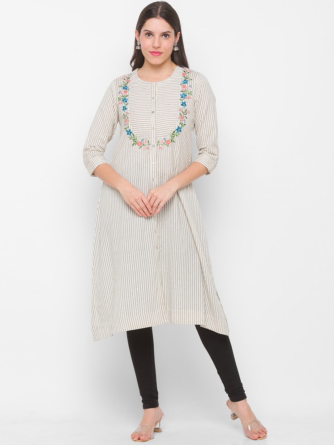 

Globus Women Off White & Grey Embroidered Kurta