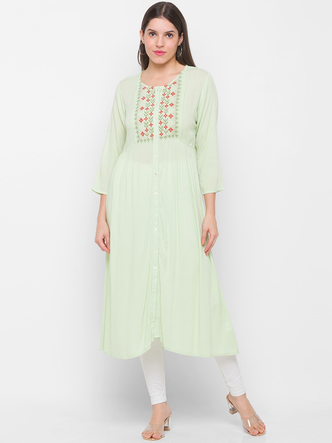 

Globus Women Green Floral Embroidered Thread Work Anarkali Kurta