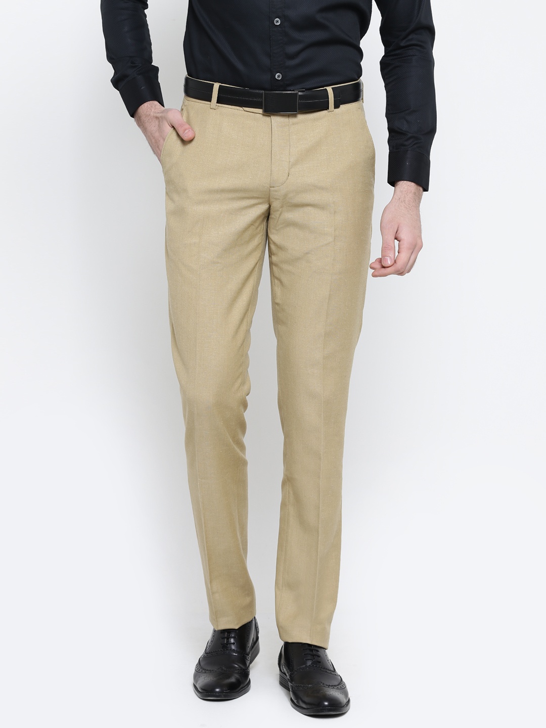 

John Players Men Beige Solid Slim Fit Flat-Front Formal Trousers