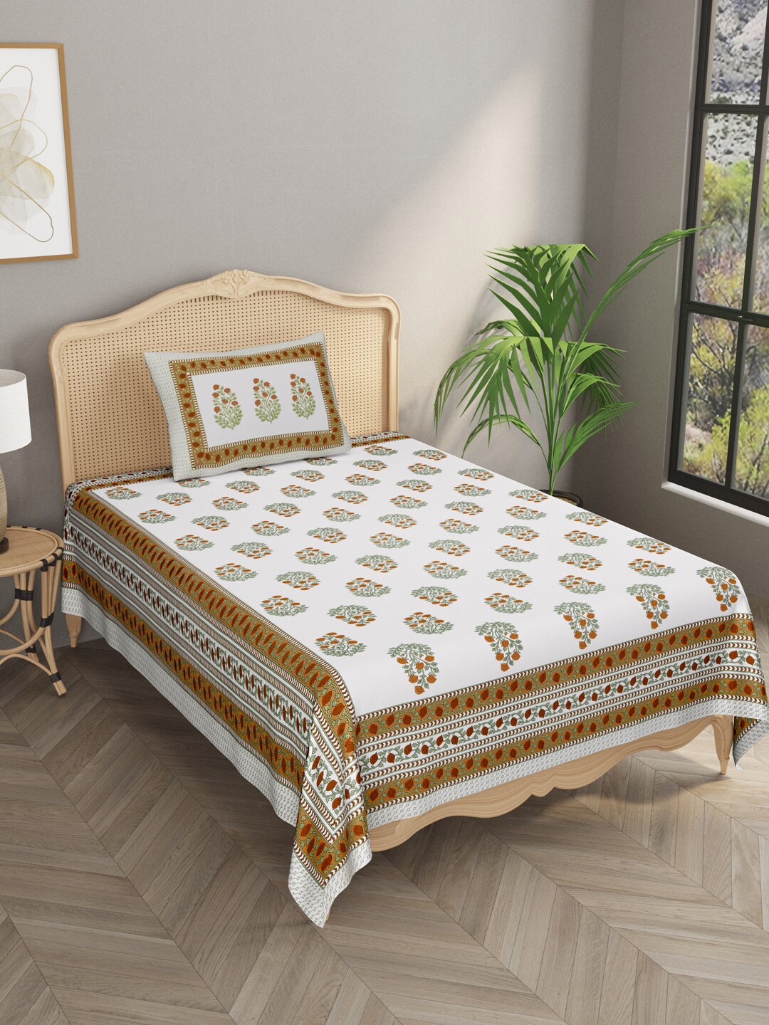 

Gulaab Jaipur White Floral Printed 600 TC Single Bedsheet with 1 Pillow Cover