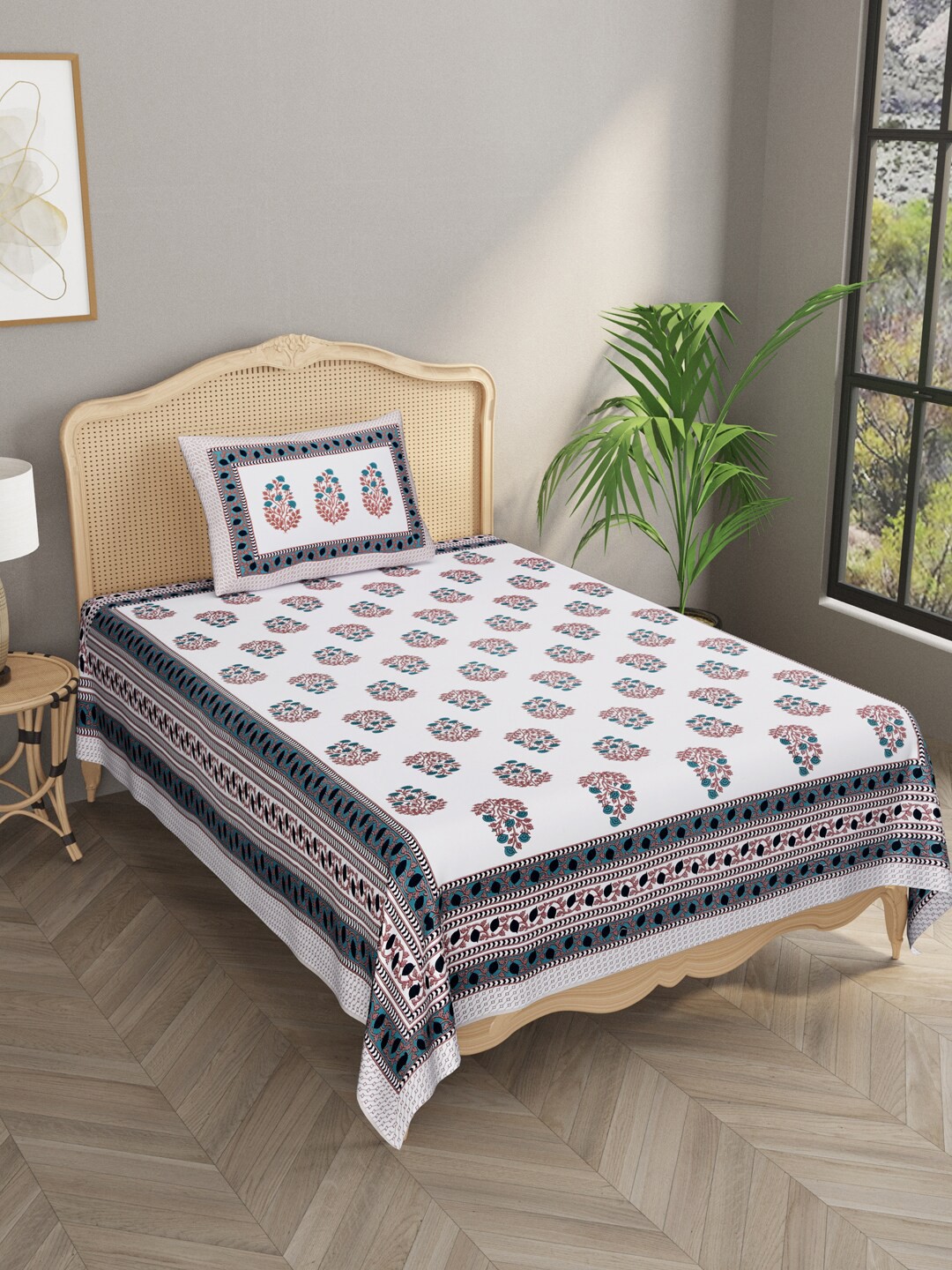 

Gulaab Jaipur White & Maroon Floral 600 TC Single Bedsheet with 1 Pillow Cover