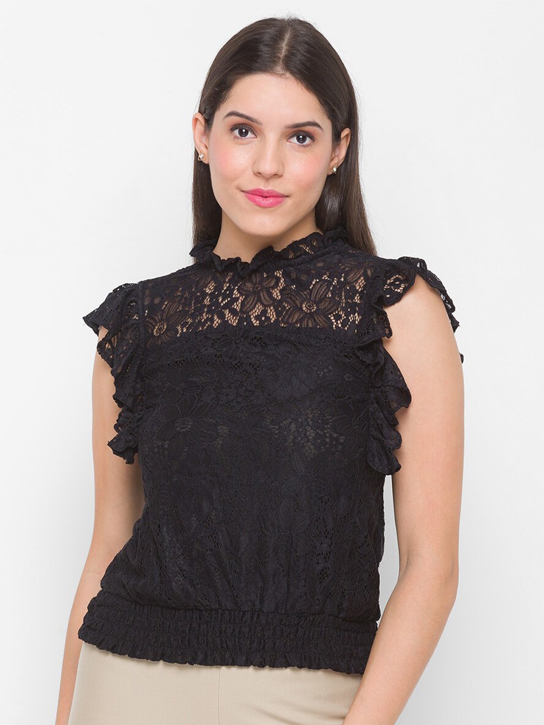 

Globus Black Self Design Lace Blouson Top