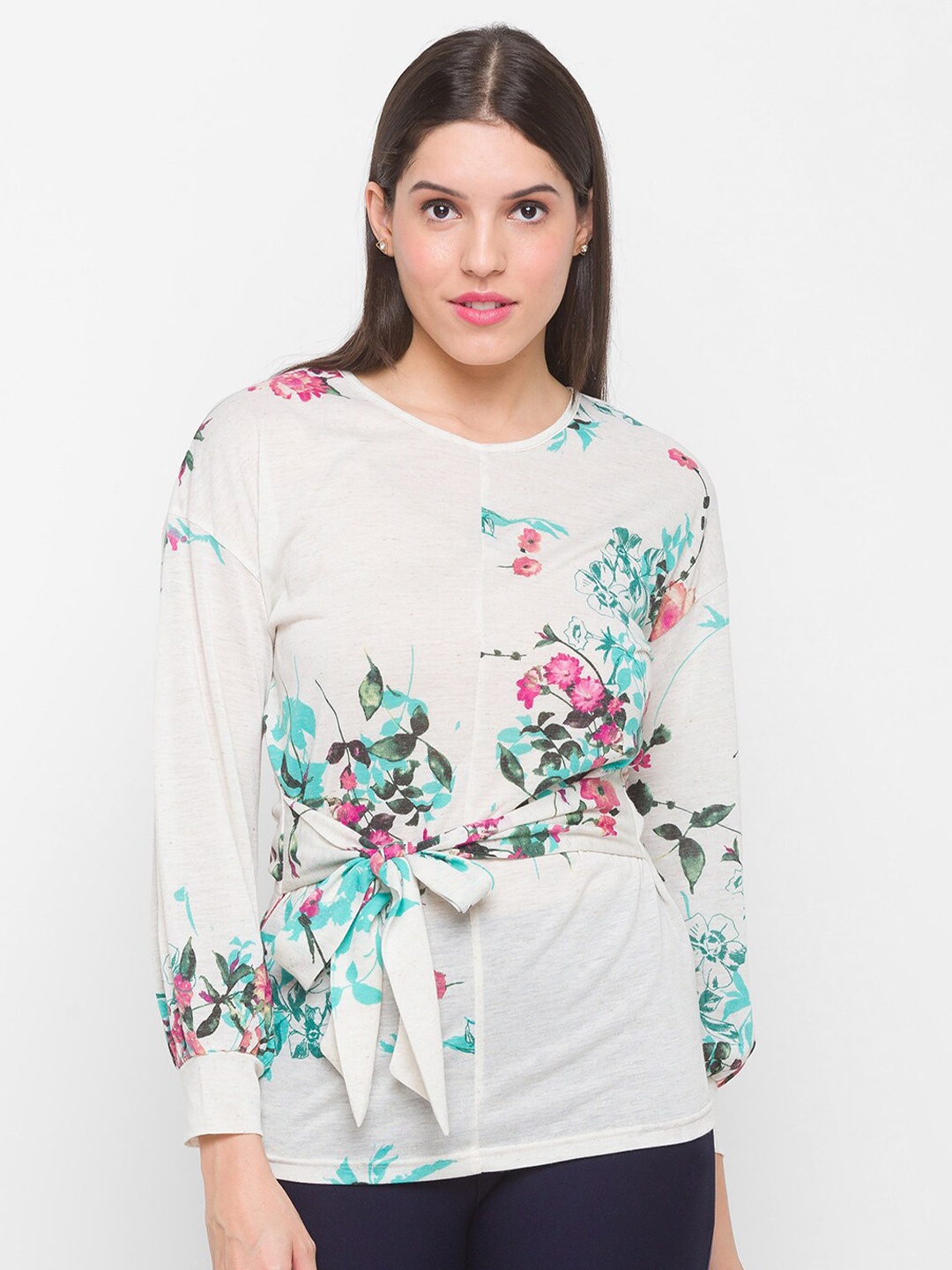 

Globus Off-White & Green Floral Print Top