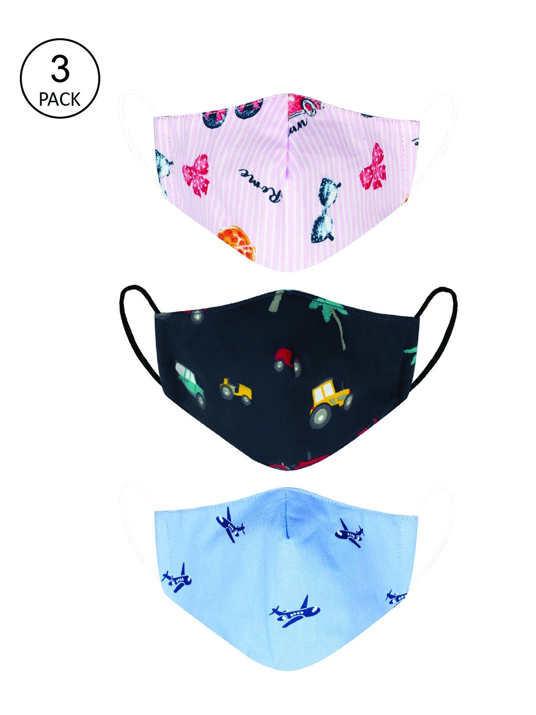 

VEA Kids Pack Of 3 Printed Cotton 3-Ply Reusable Outdoor Cloth Masks, Blue