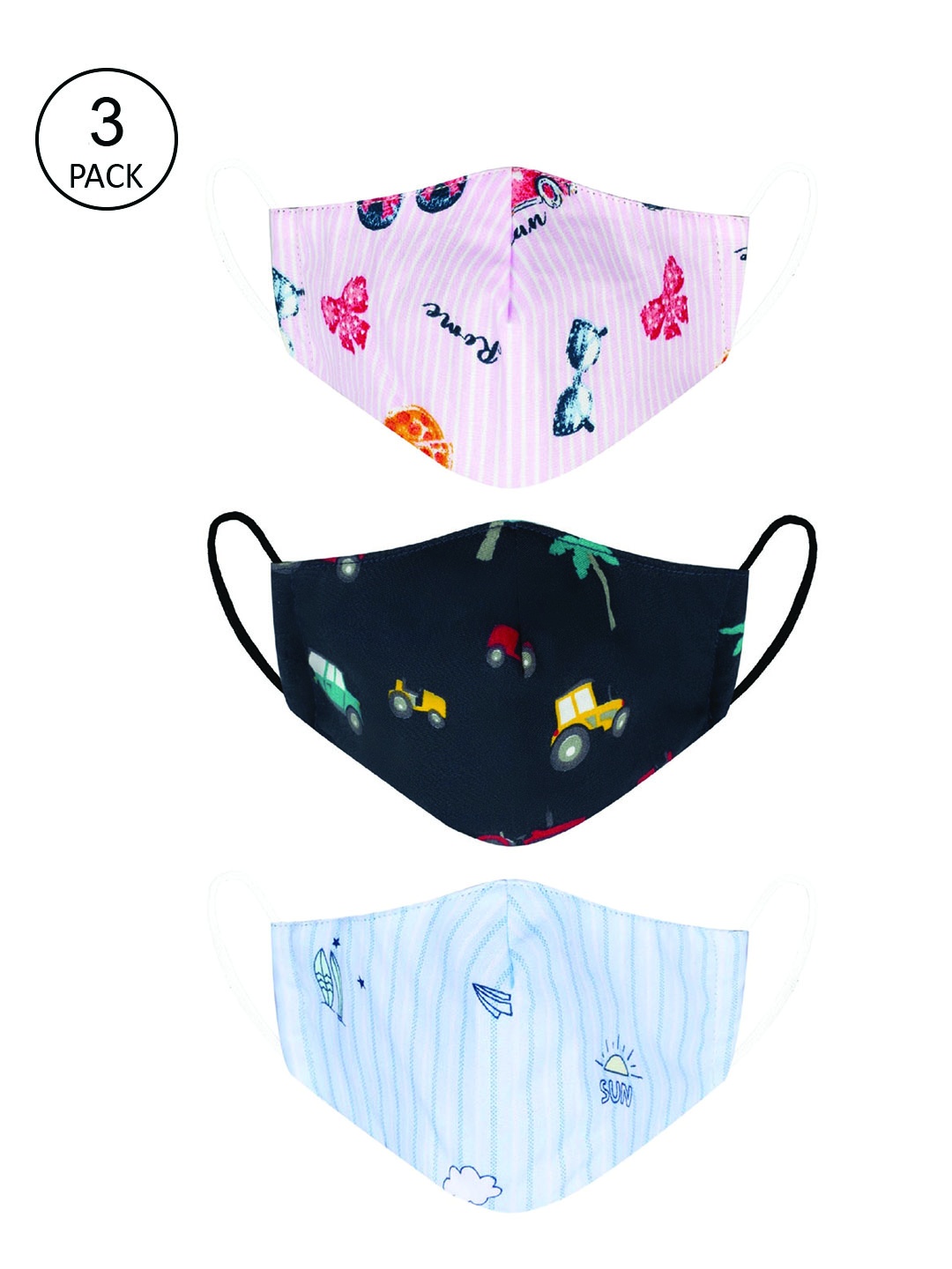 

VEA Kids Pack Of 3 Printed 3-Ply Reusable Cotton Protective Outdoor Masks, Navy blue