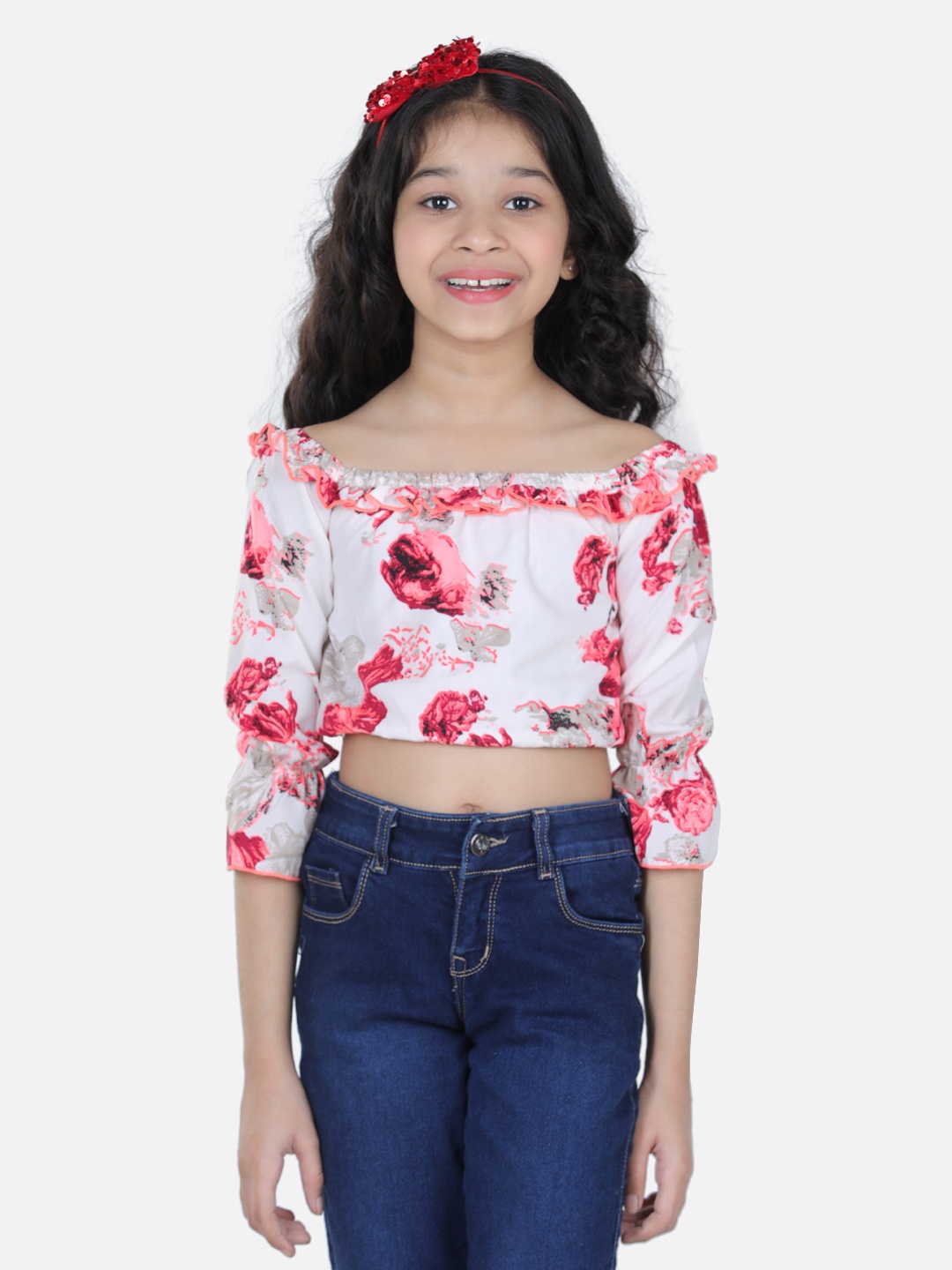 

Cutiekins Cream-Coloured & Red Floral Print Off-Shoulder Crepe Bardot Crop Top
