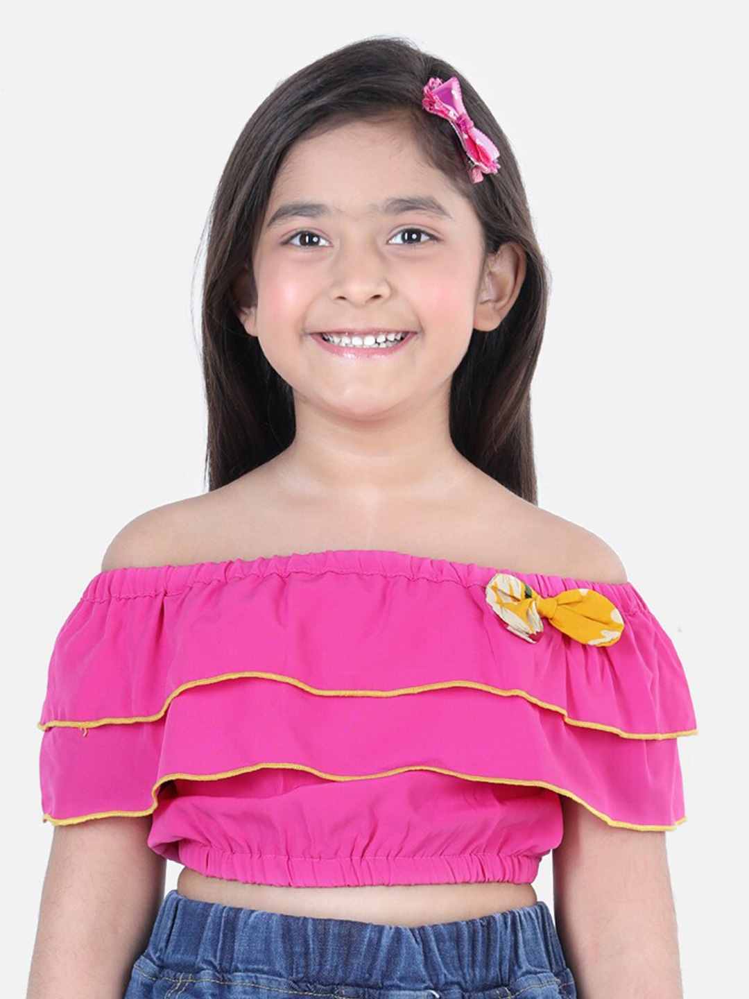 

Cutiekins Girls Pink Off-Shoulder Layered Bardot Top