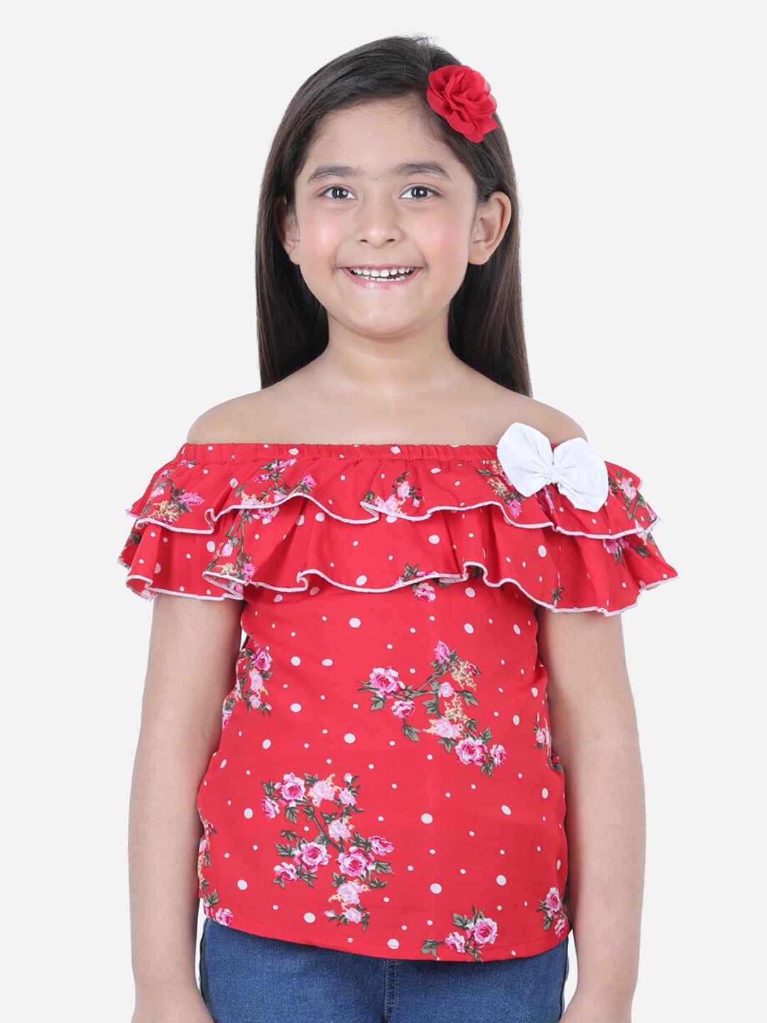 

Cutiekins Red Floral Print Off-Shoulder Ruffles Crepe Top