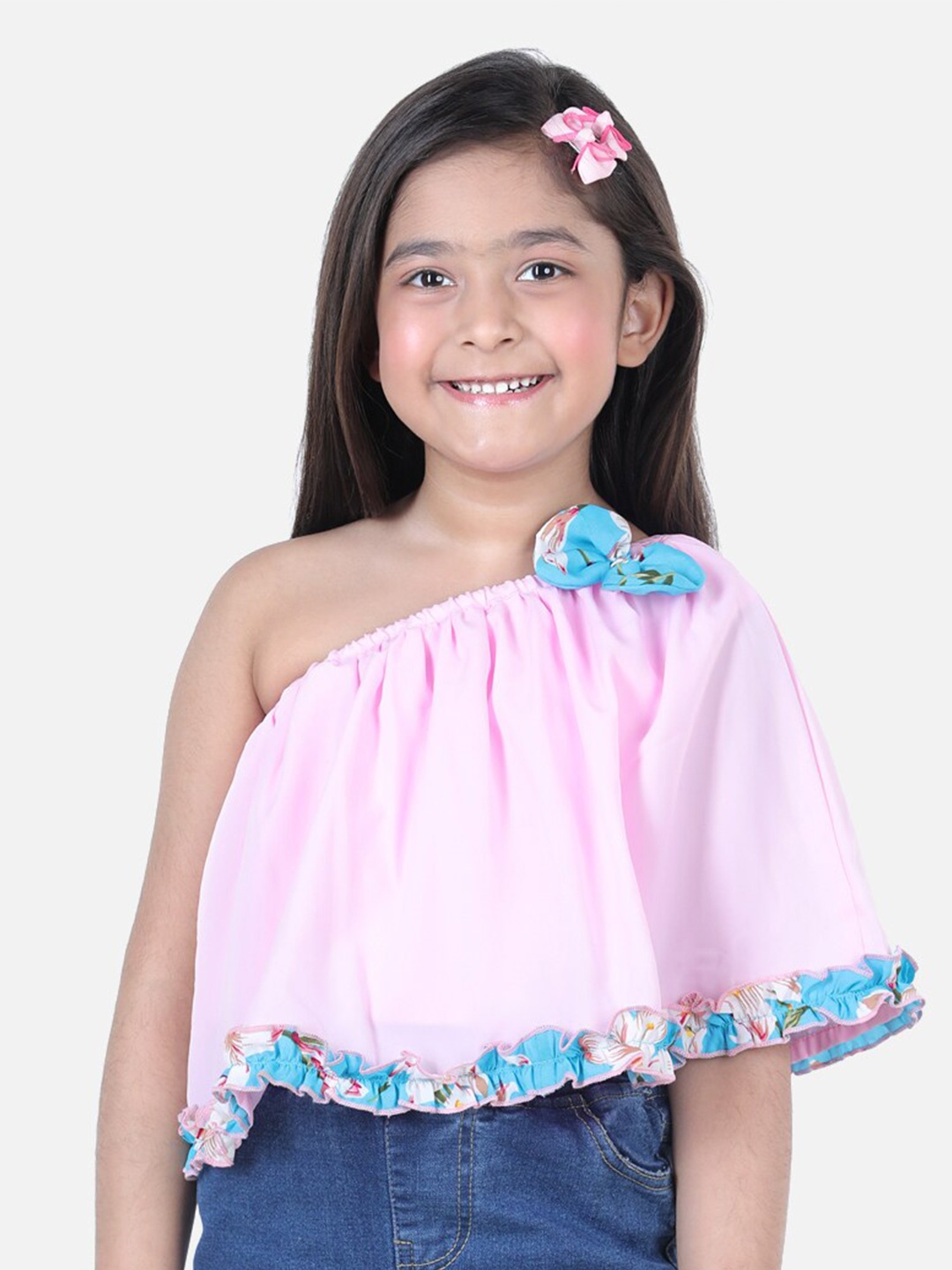 

Cutiekins Pink Solid One Shoulder Ruffles Crepe Top