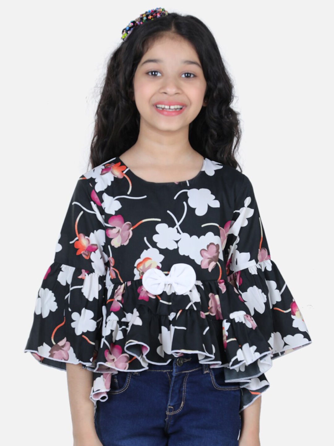 

Cutiekins Black & White Floral Print Crepe Blouson Top