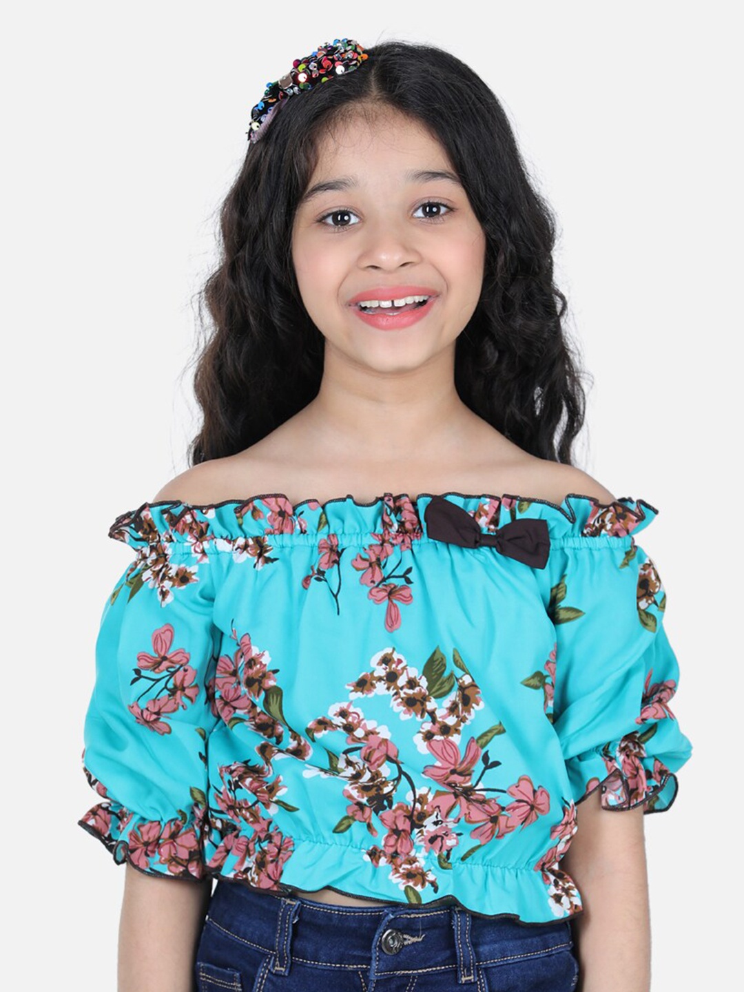 

Cutiekins Green & Brown Floral Print Off-Shoulder Crepe Bardot Top